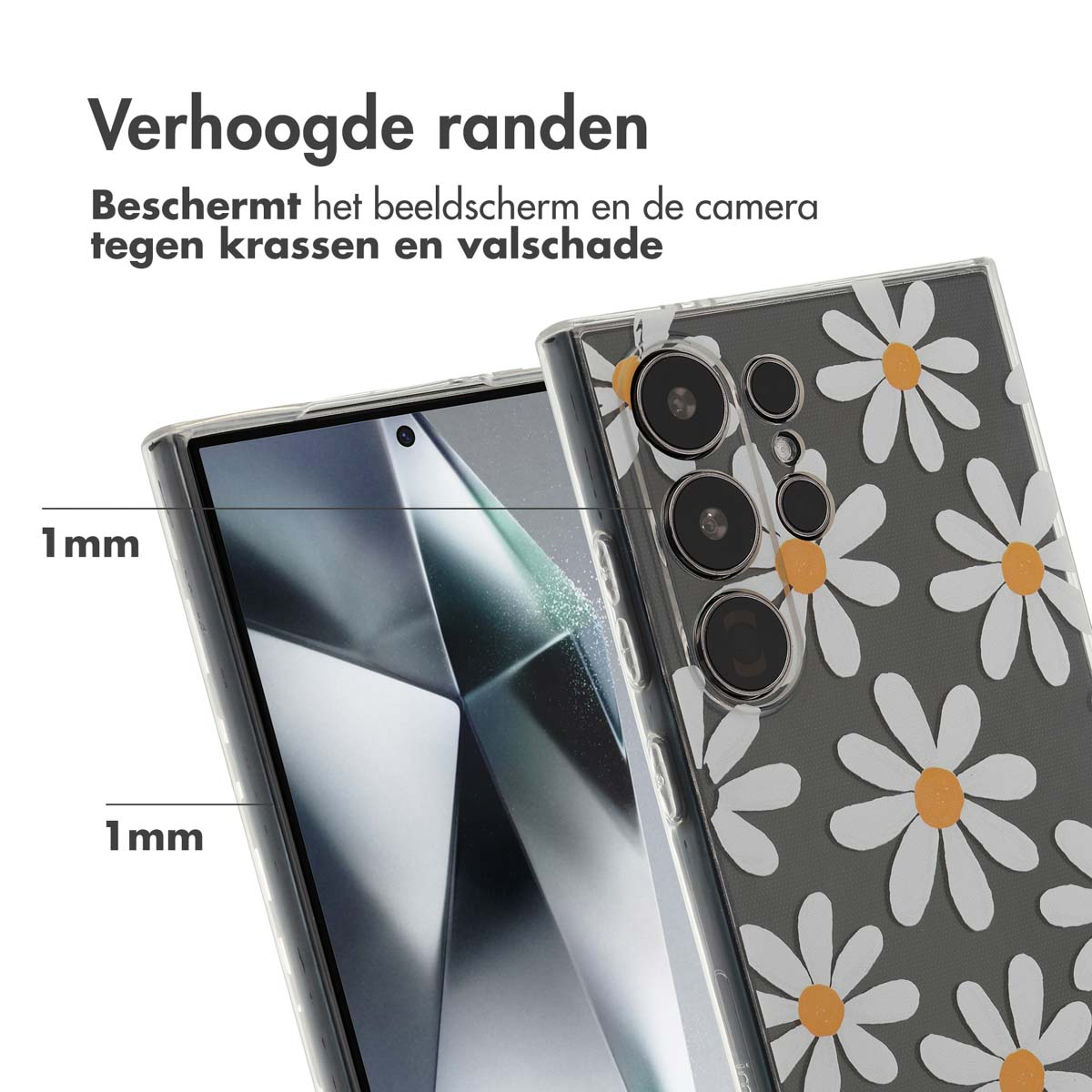 Een telefoon in een hoesje met madeliefjes. De hoes beschermt het scherm en de camera. De hoes heeft verhoogde randen.