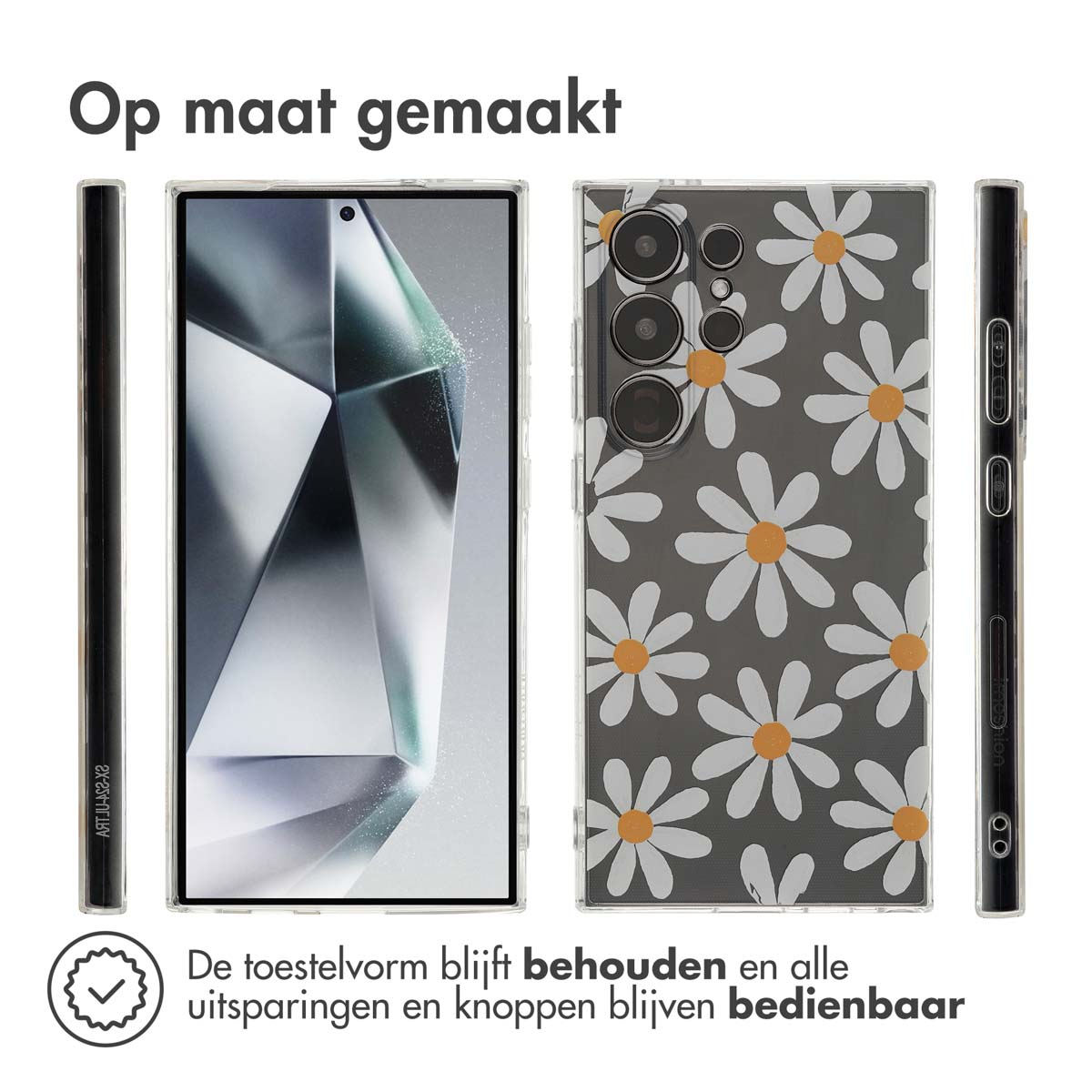 Telefoonhoesje met madeliefjespatroon, telefoon en zijaanzicht. Tekst 'Op maat gemaakt' en 'De toestelvorm blijft behouden'.