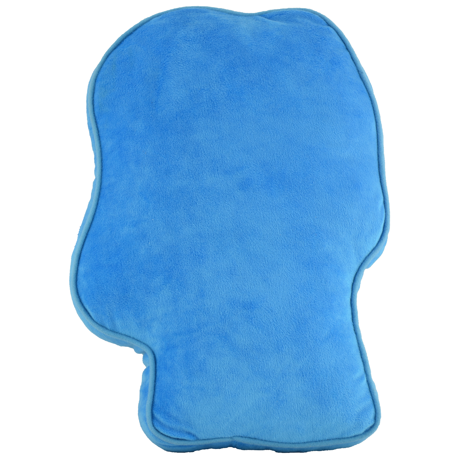 Ein blaues, kopfförmiges Kissen auf weißem Hintergrund.