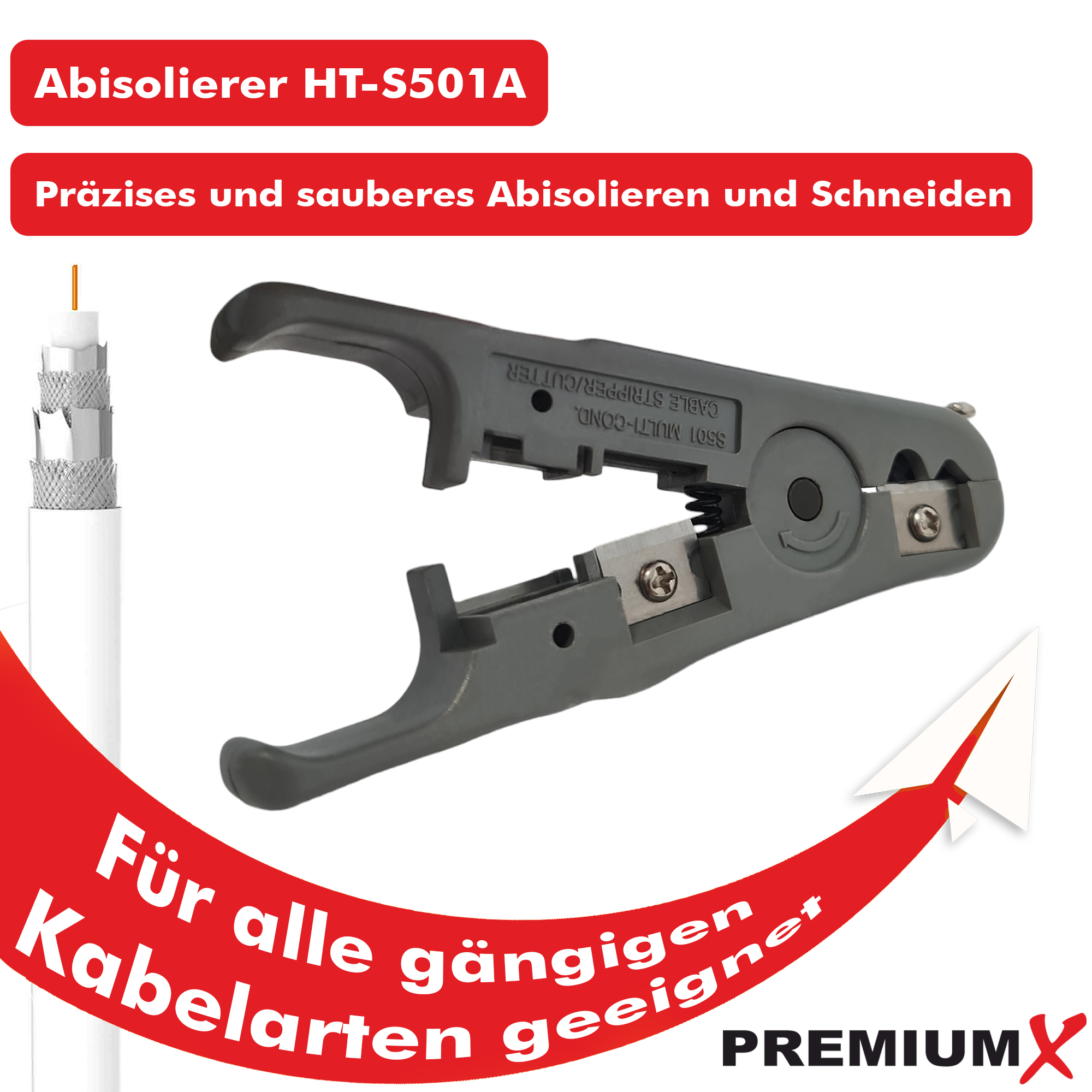 Ein Kabelabisolierer mit deutschem Text. Ein Kabel und ein Papierflieger sind im Bild.