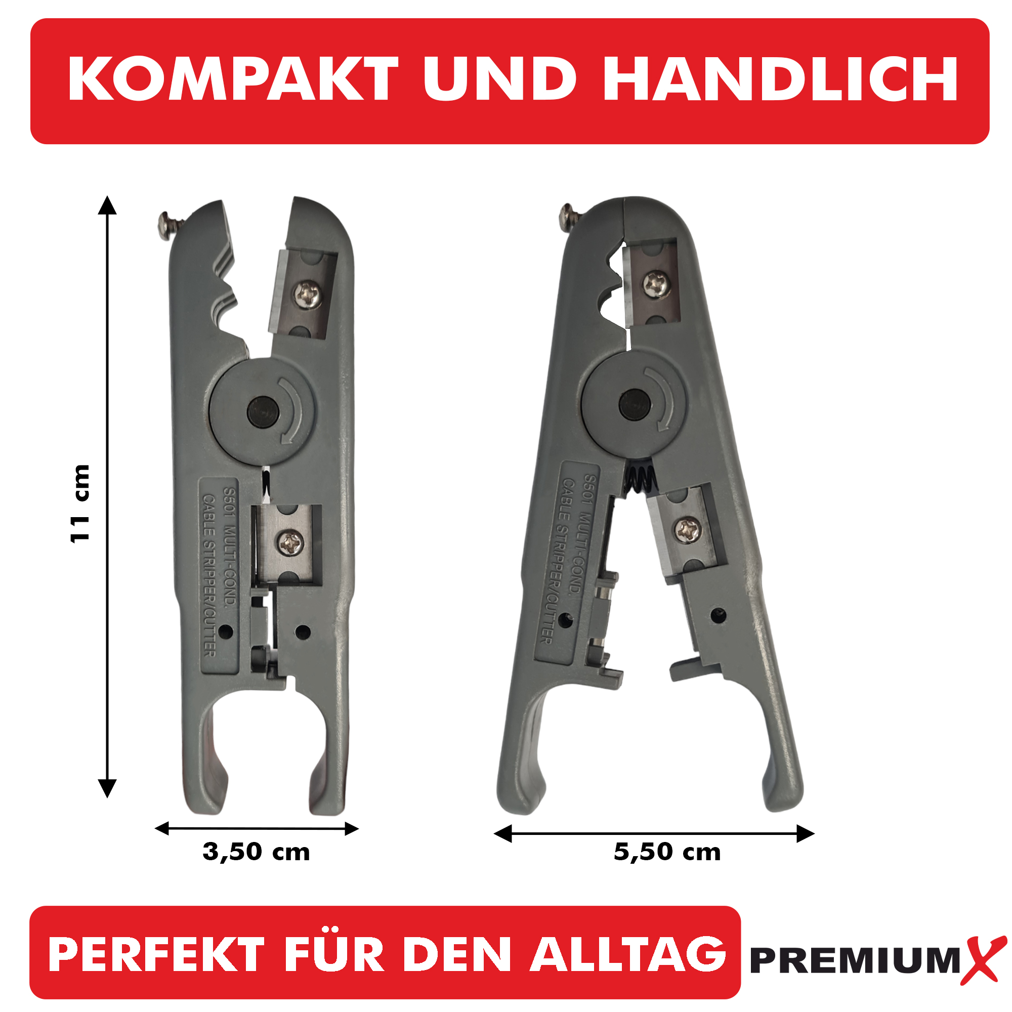 Zwei graue Kabelabisolierer. Text: Kompakt und handlich, Perfekt für den Alltag.