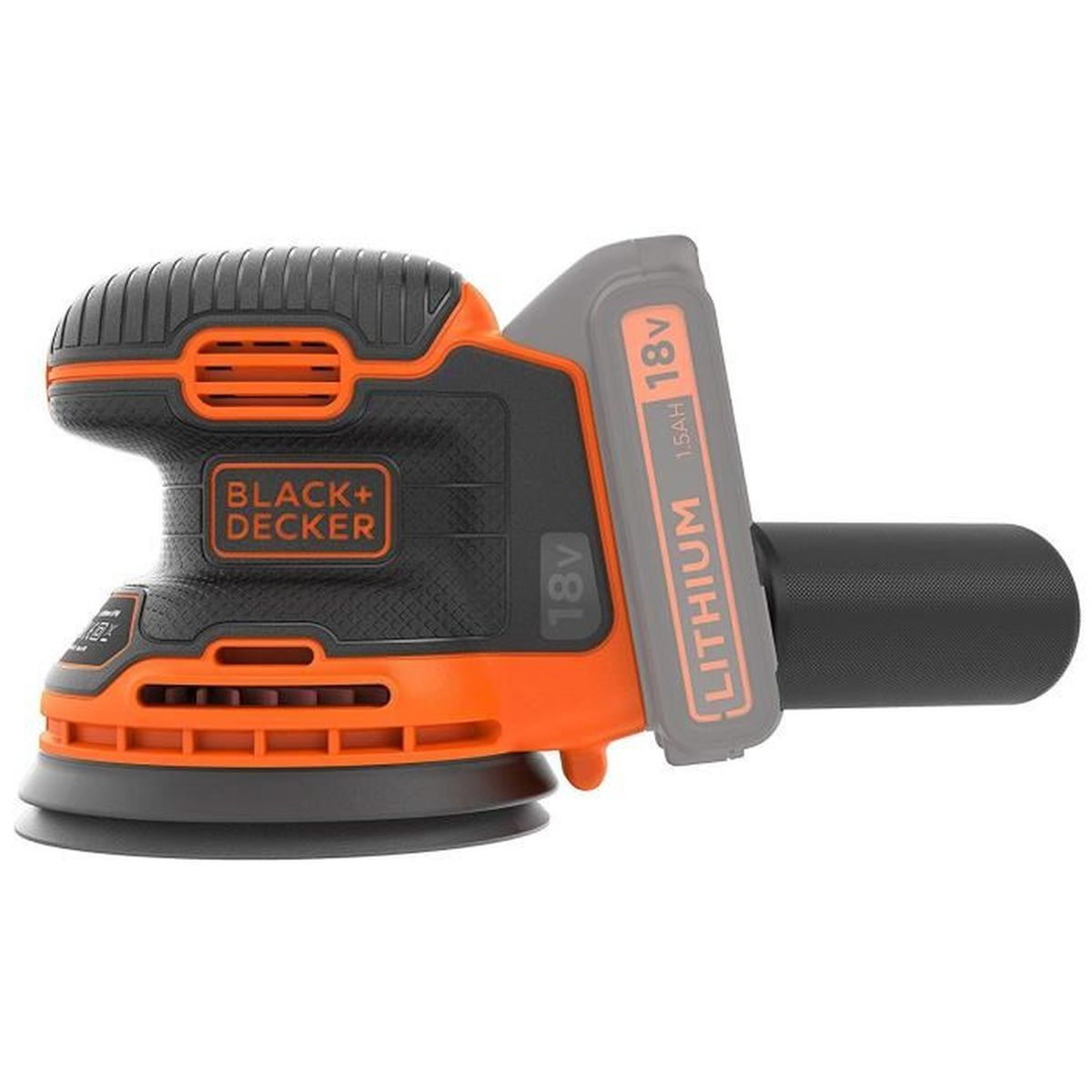 Ponceuse Black+Decker noire et orange avec batterie sur fond blanc. La ponceuse est sans fil.