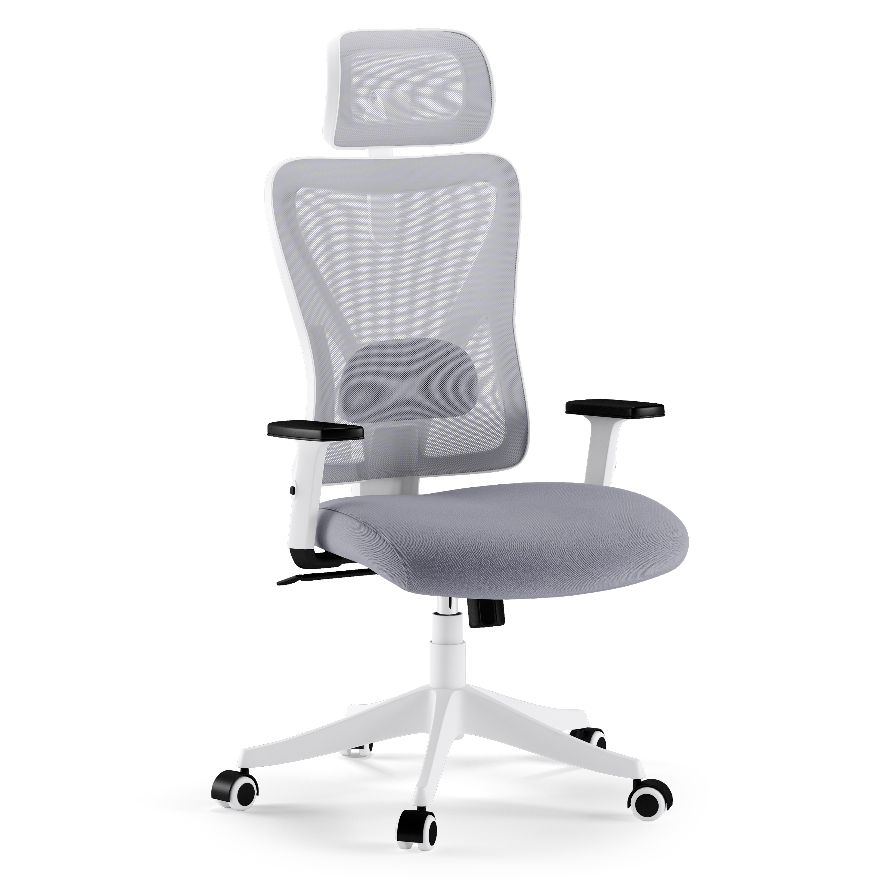 Weiß-grauer ergonomischer Bürostuhl. Merkmale sind Kopfstütze, Netzrücken und Armlehnen.