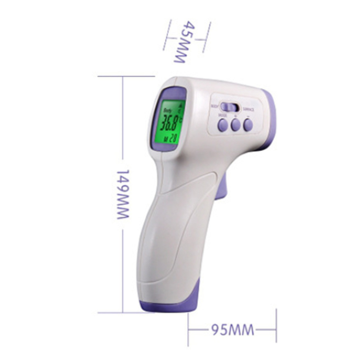 Ein weißes und lila Infrarot-Thermometer mit beschrifteten Abmessungen. Der Bildschirm zeigt 36,8 Grad.
