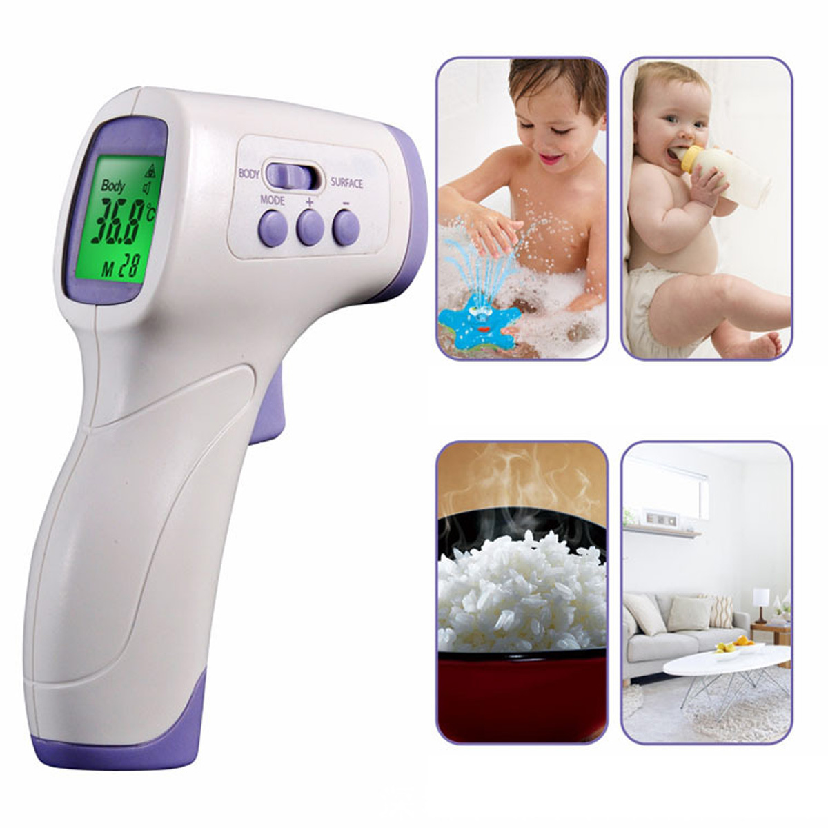 Ein Thermometer mit zusätzlichen Bildern eines Kindes, eines Babys, Reis und eines Wohnzimmers.