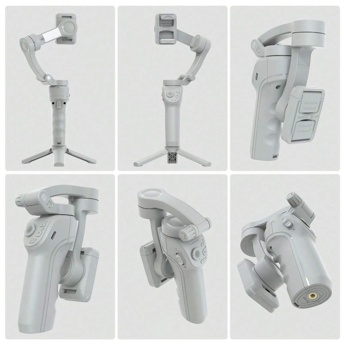 Seis ángulos de un gimbal para teléfono gris. Fondo blanco. El gimbal está en diferentes posiciones.