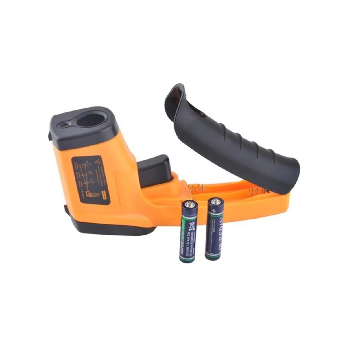 Ein orangefarbenes Gerät mit zwei AA-Batterien und einem schwarzen Griff.