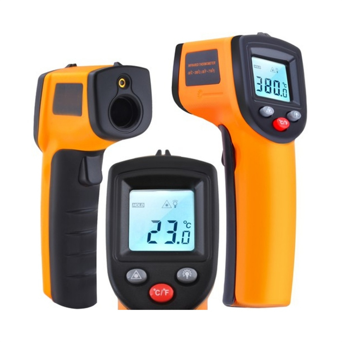 Drei orangefarbene Infrarot-Thermometer auf weißem Hintergrund. Eines zeigt 380,6 Grad an, ein anderes 23 Grad.