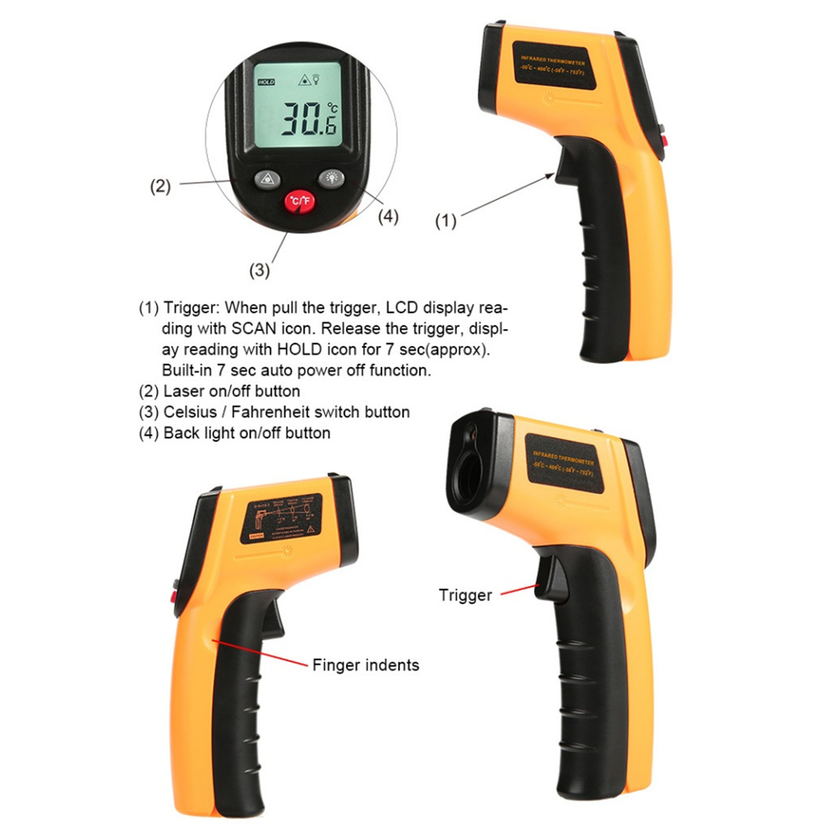Infrarot-Thermometer mit orange-schwarzem Gehäuse und Digitalanzeige.