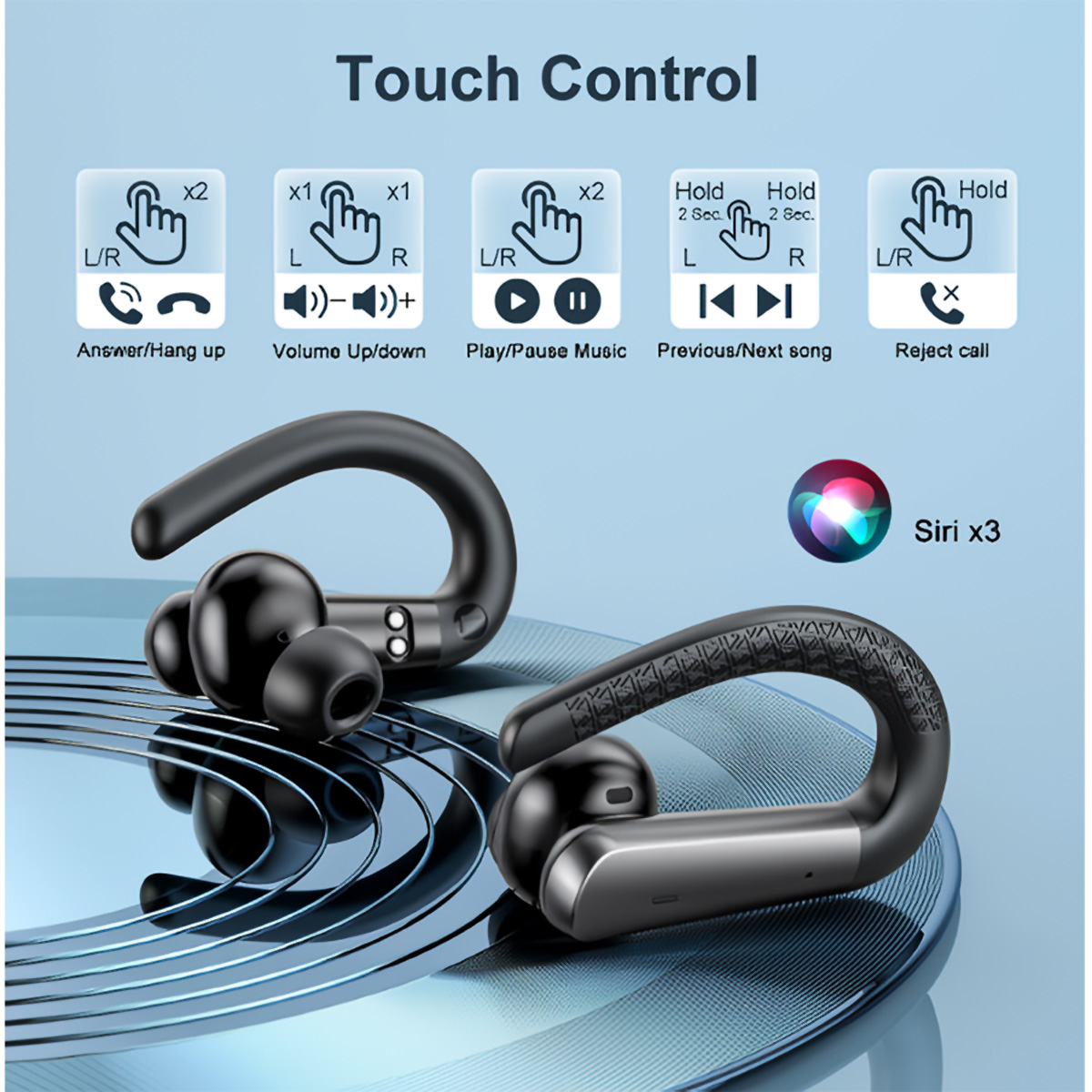 Auriculares inalámbricos negros con ganchos para las orejas y símbolos de control táctil. El texto 'Touch Control' está arriba.