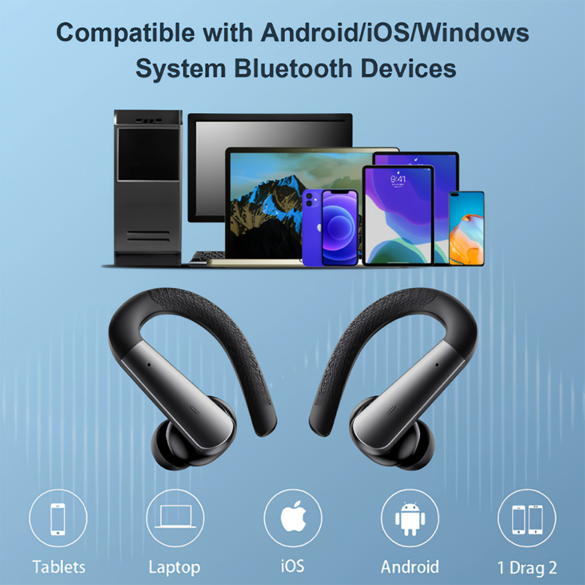Imagen con auriculares, tabletas, teléfonos y un portátil. Compatible con Android, iOS y Windows.