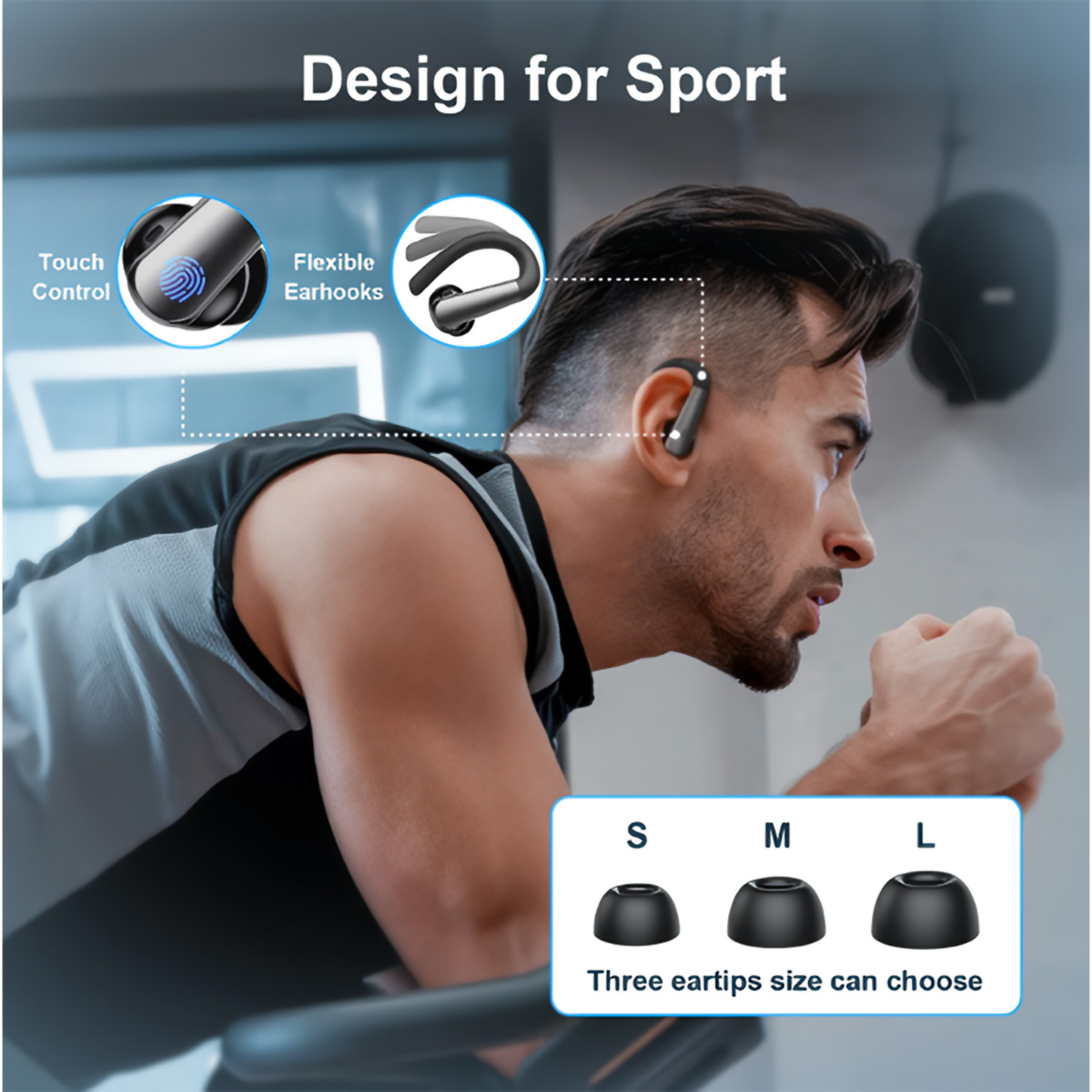 Hombre con auriculares negros, fotos del producto y almohadillas para los oídos en diferentes tamaños.
