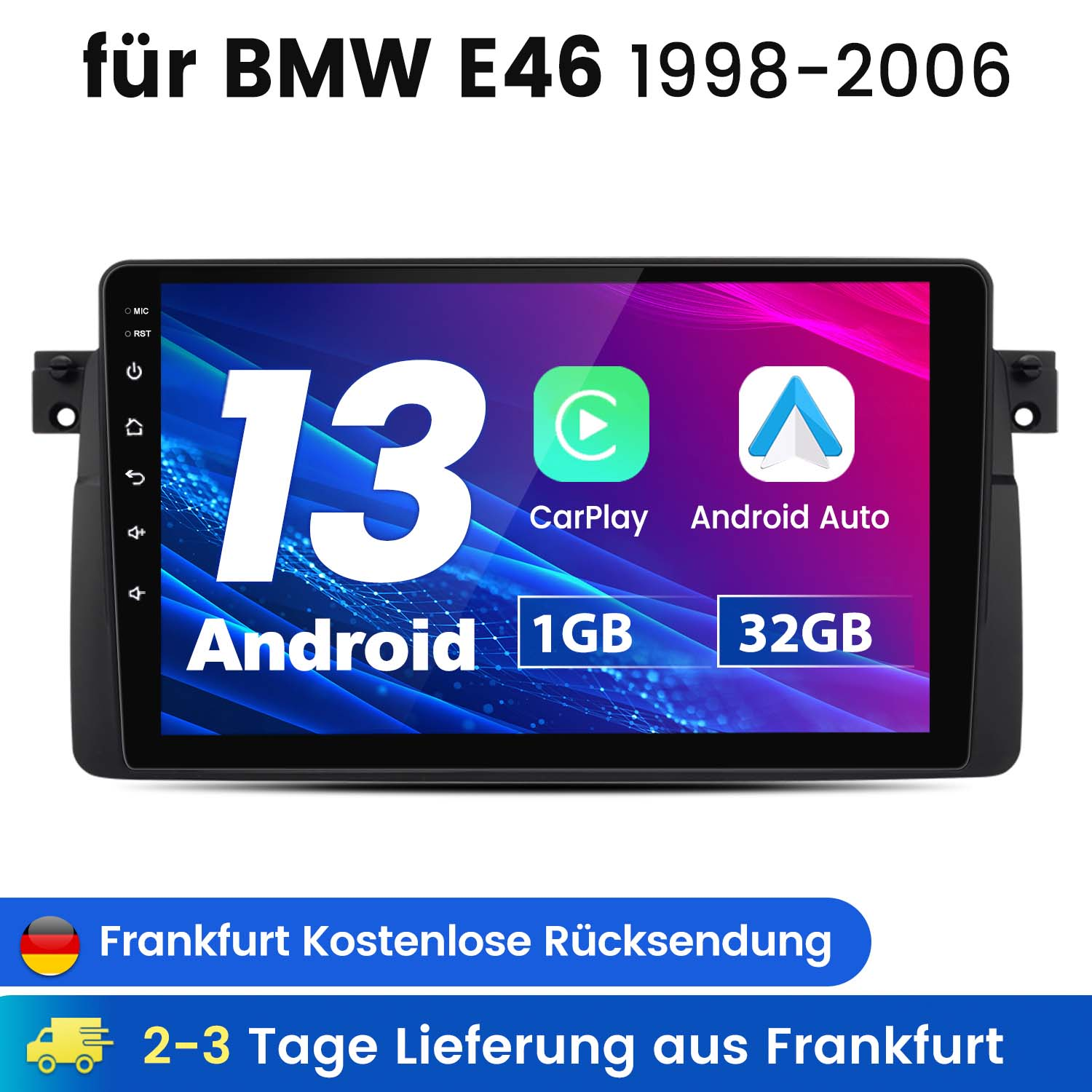 Ein Autoradio mit großem Bildschirm. Der Bildschirm zeigt die Symbole für Android Auto und CarPlay.