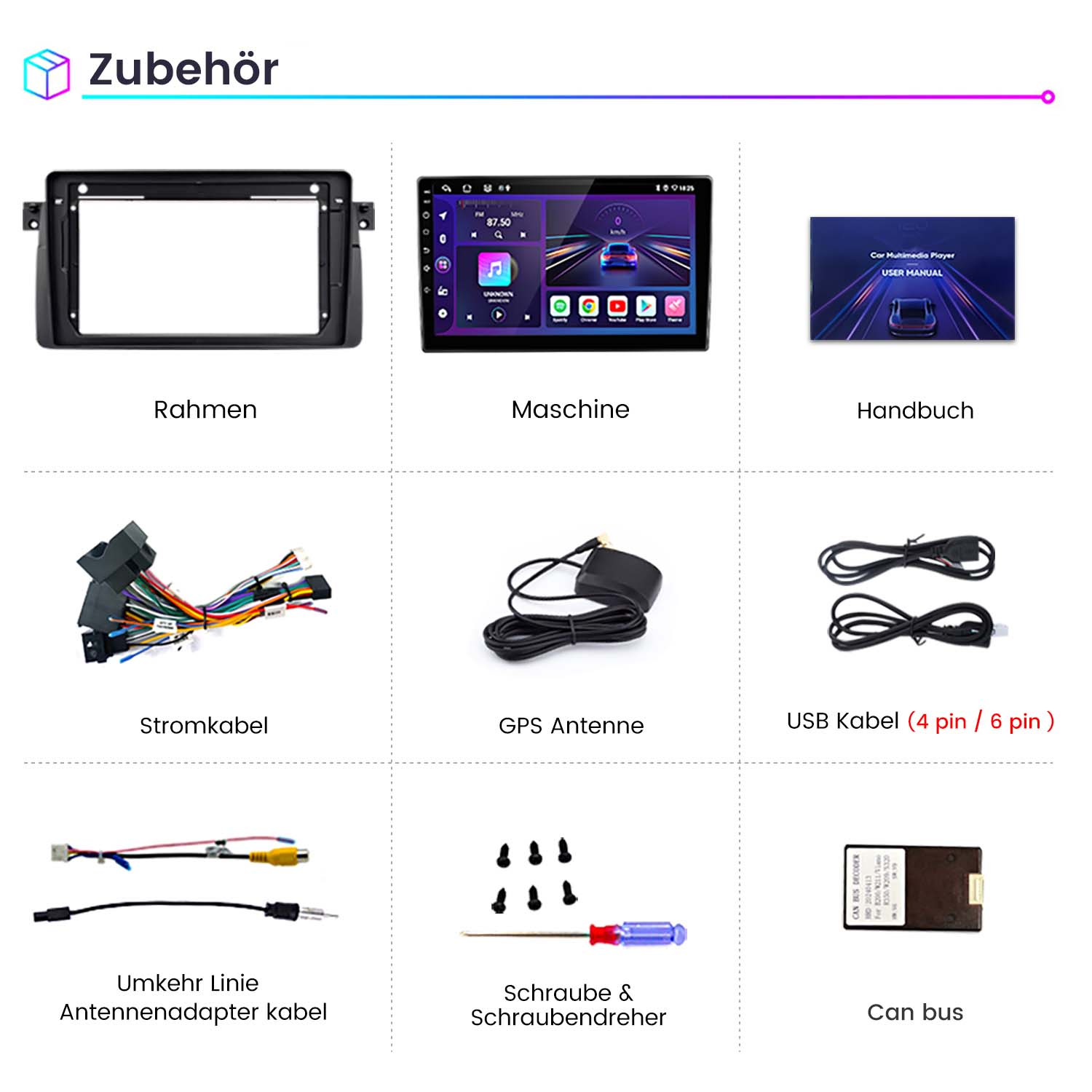 Verschiedenes Autoradiozubehör: Rahmen, Maschine, Handbuch, Verkabelung, Antenne, USB-Kabel und mehr.