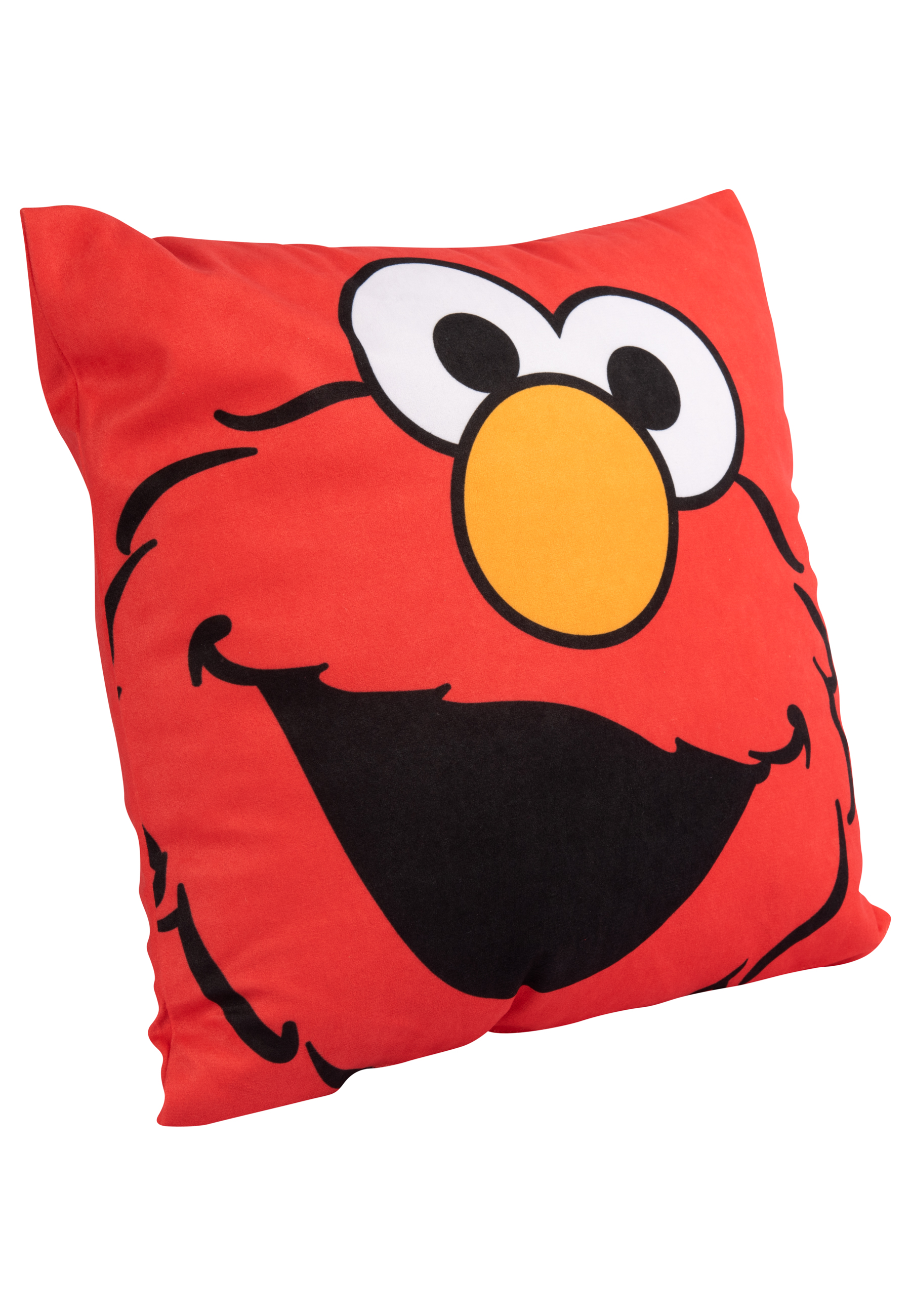 Rotes Elmo-Kissen mit lächelndem Gesicht und schwarzen Augen und Mund.
