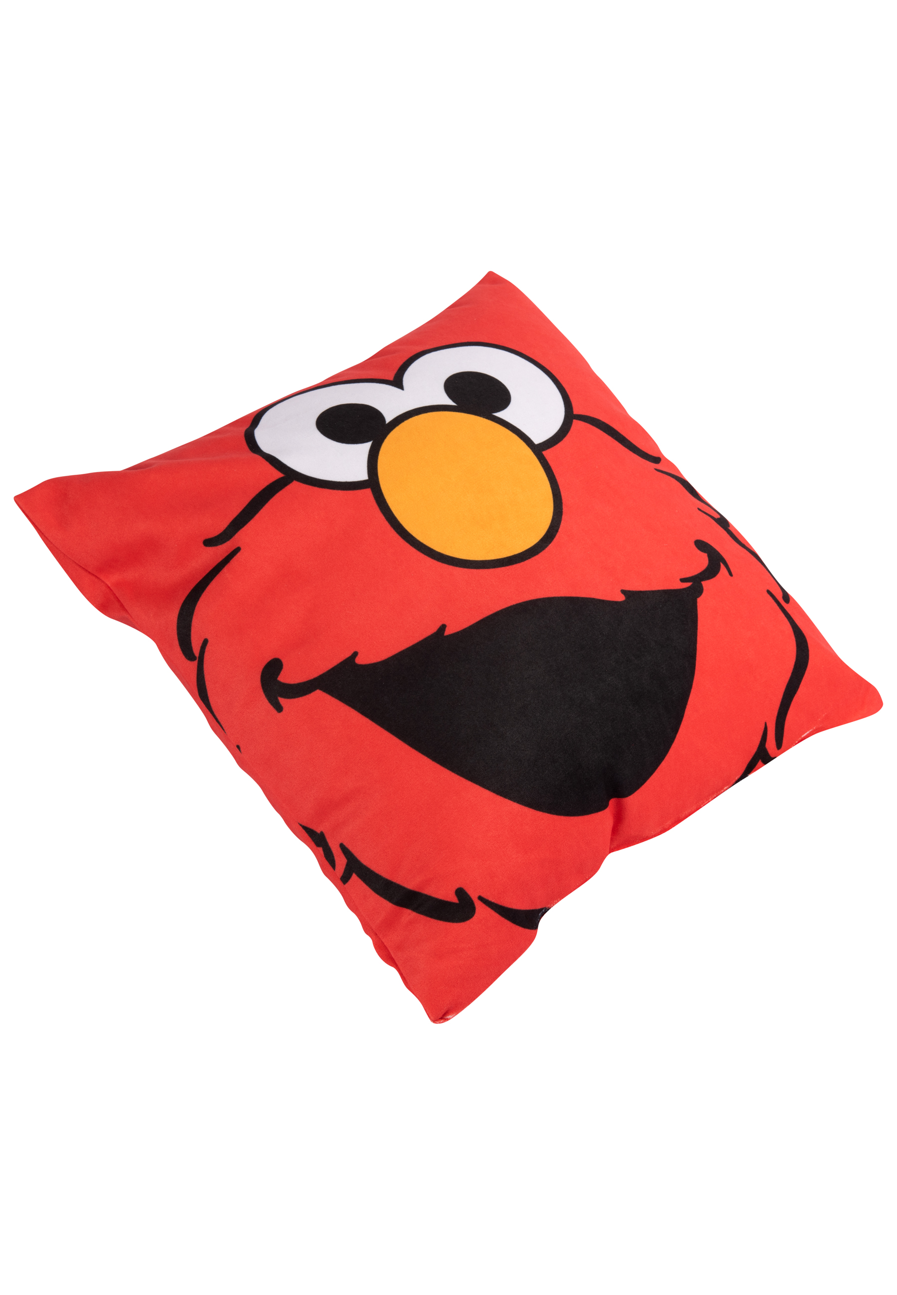 Ein rotes Elmo-Kissen mit Elmos Gesicht darauf, vor weißem Hintergrund.