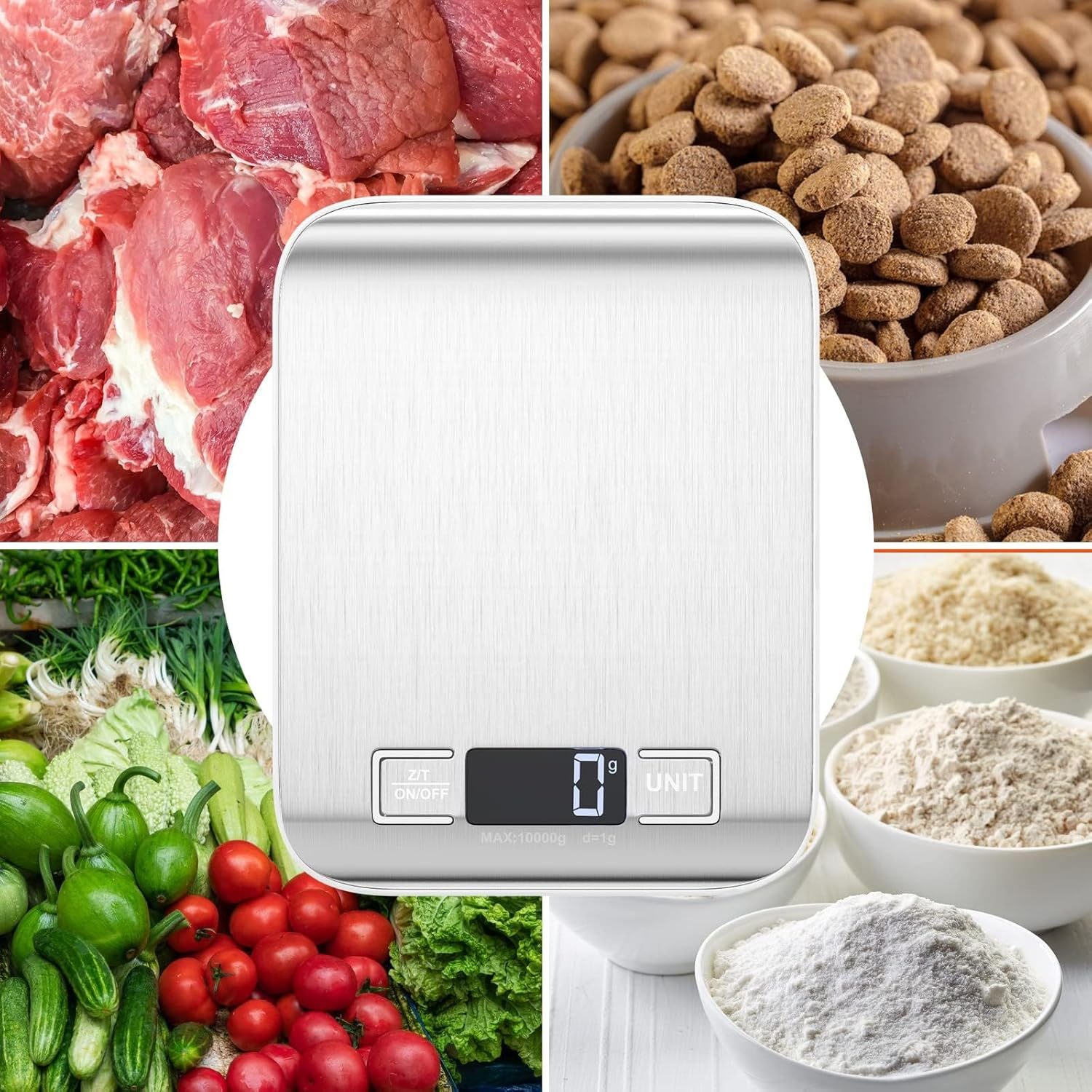 Silberne Digitalwaage mit Lebensmitteln: Fleisch, Trockenfutter, Mehl und Gemüse.