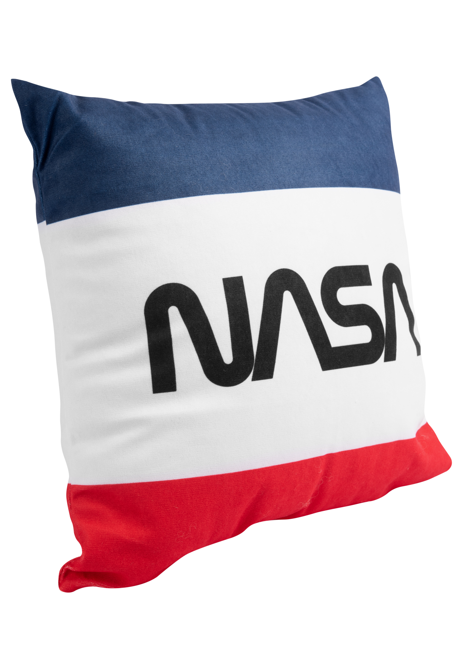 Ein Kissen mit dem NASA-Logo in Weiß auf einem Hintergrund aus roten, weißen und blauen Streifen.