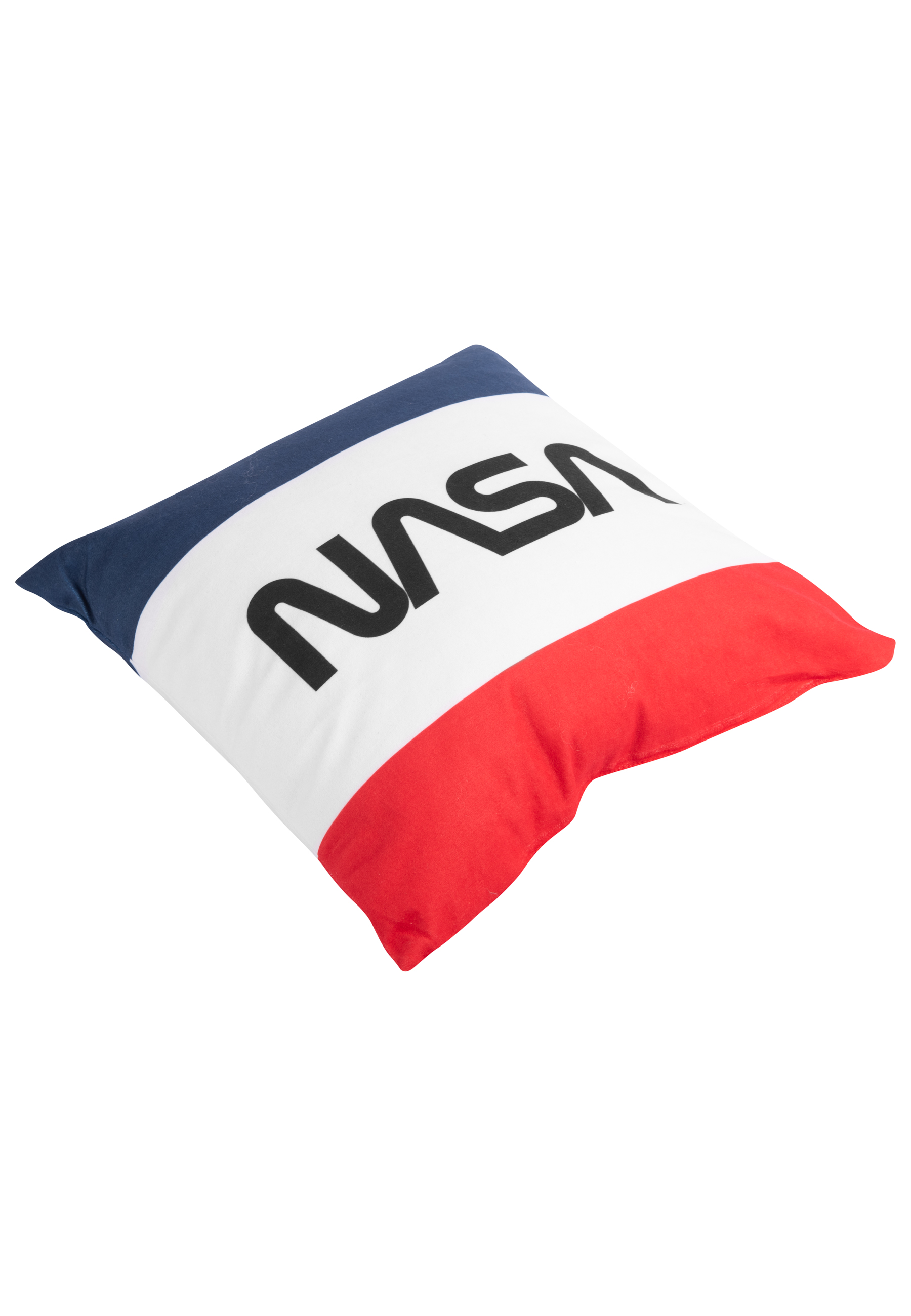 Ein Kissen mit NASA-Schriftzug in Rot, Weiß und Blau auf weißer Oberfläche.
