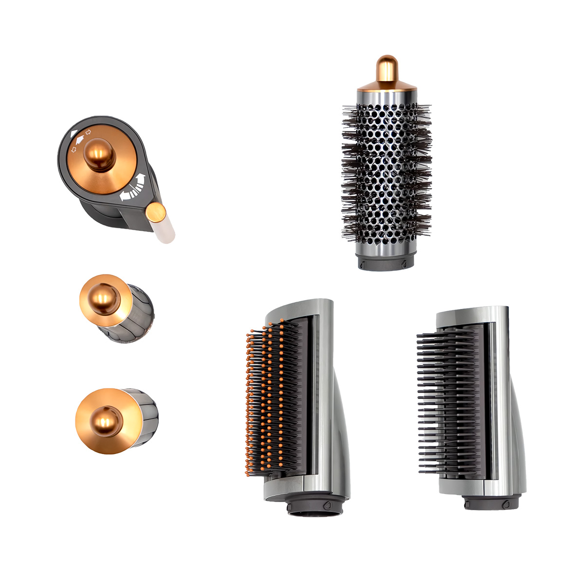 Accessori per lo styling dei capelli Dyson multipli. Include spazzola rotonda e accessori per lo styling piatti.