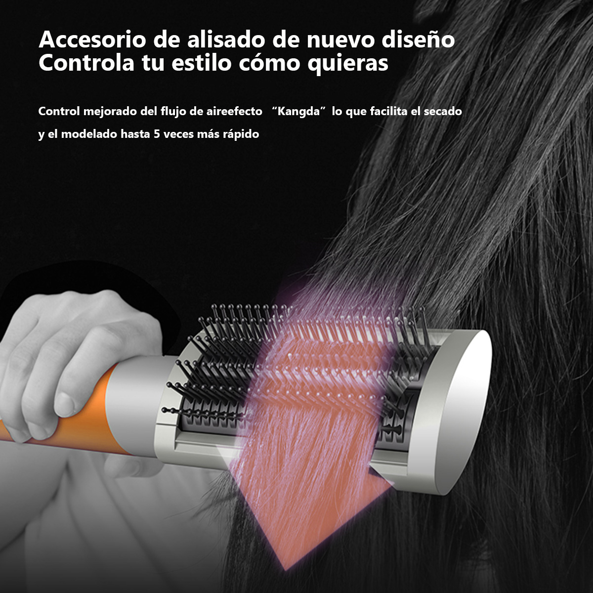 Persona che usa uno strumento per lo styling dei capelli con una sezione di capelli rosa visibile.
