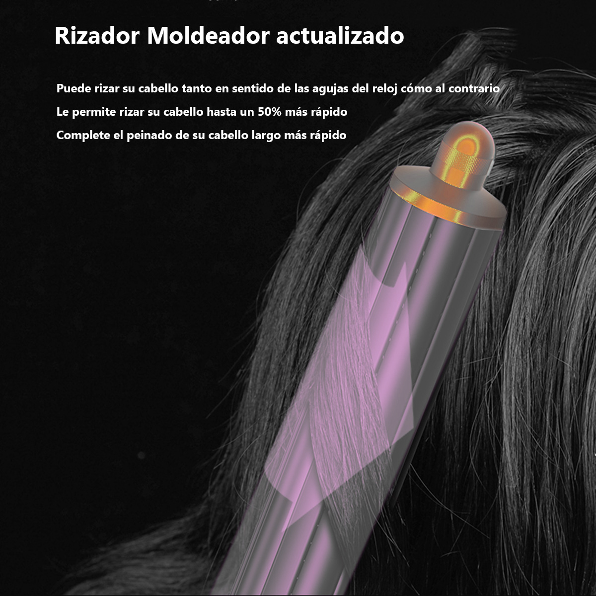 Primo piano di un arricciacapelli, con testo in spagnolo. Una porzione di capelli è visibile.