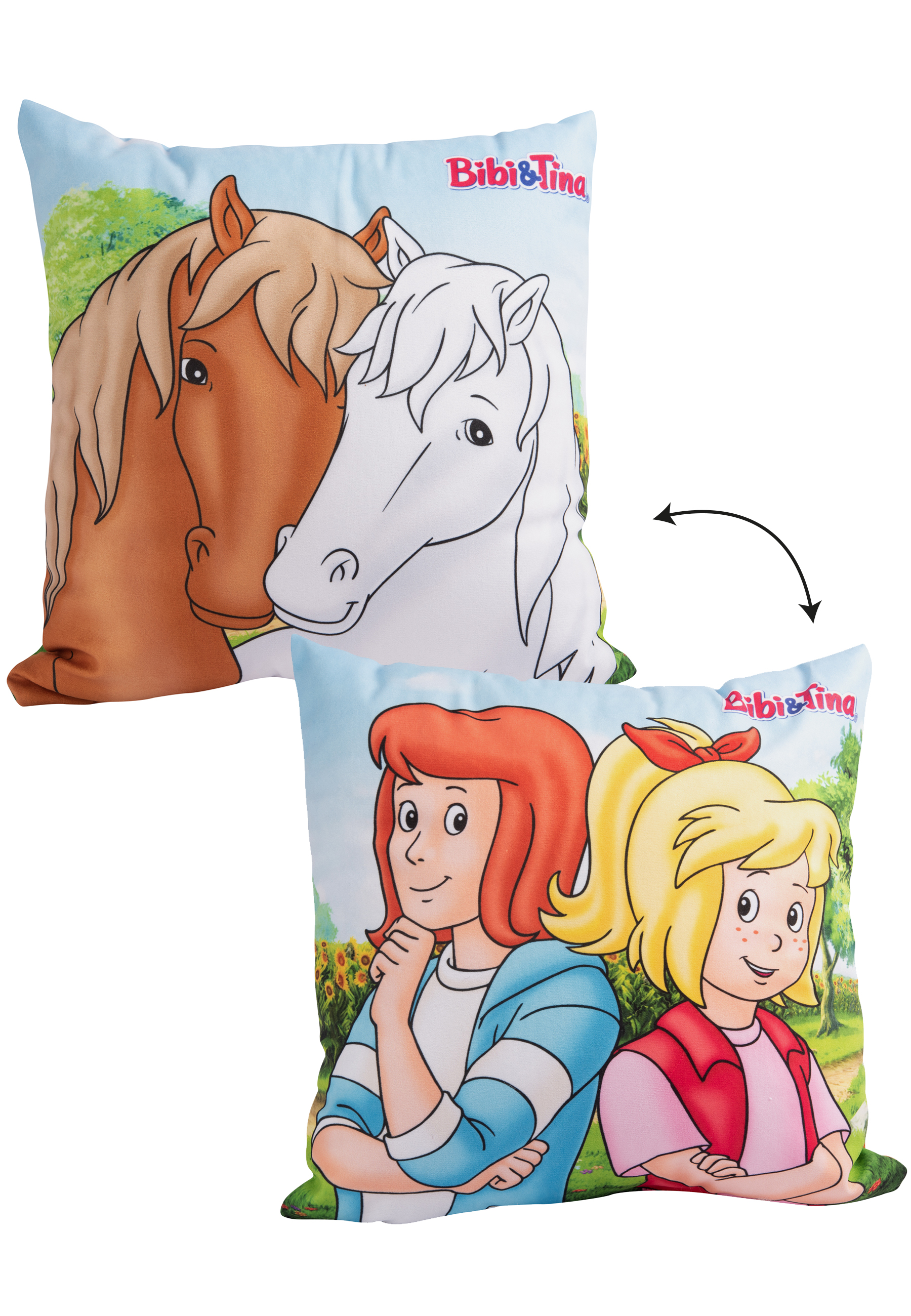 Wende-Kissen. Eine Seite hat zwei Pferde, die andere Seite zwei Mädchen von Bibi & Tina.