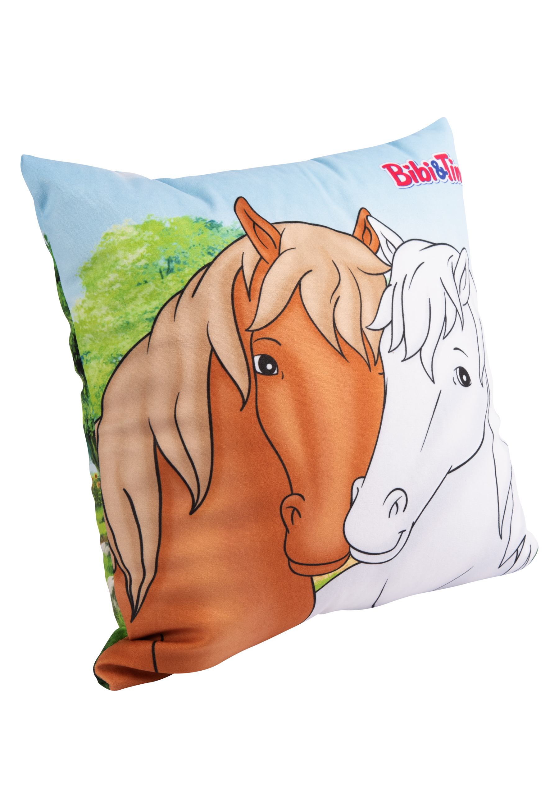 Ein Kissen mit zwei Pferdeillustrationen und dem Text: Bibi & Tina