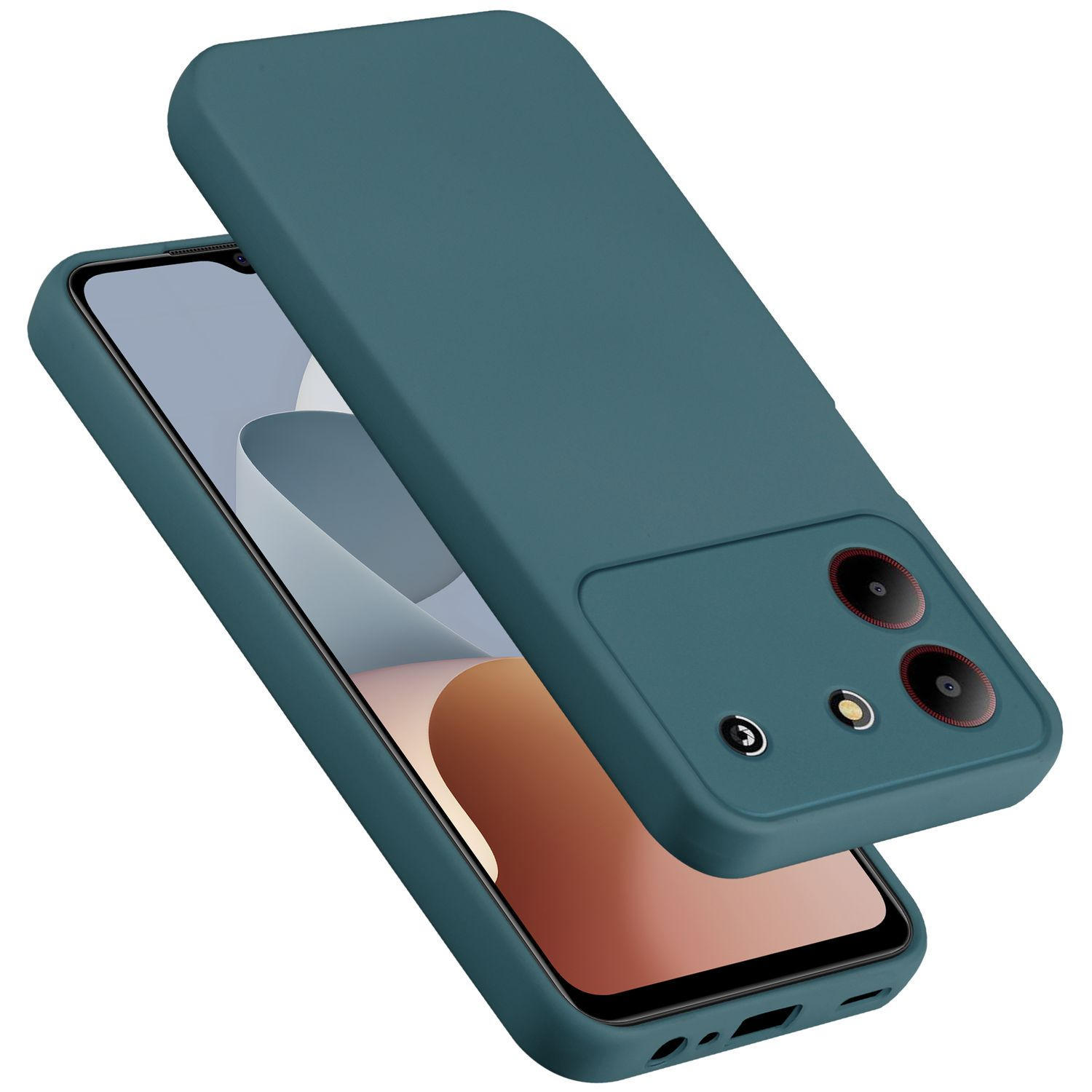 Una custodia turchese per telefono e un telefono. Il telefono è chiaro, la custodia turchese scuro.