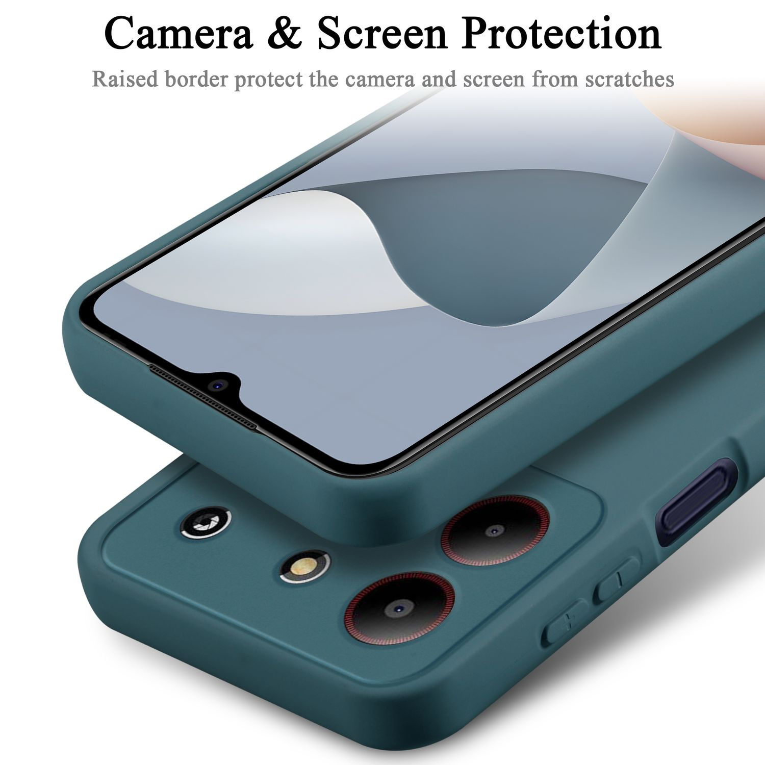 Custodia per telefono verde acqua con protezione schermo e bordo rialzato. Focus su protezione fotocamera e schermo.