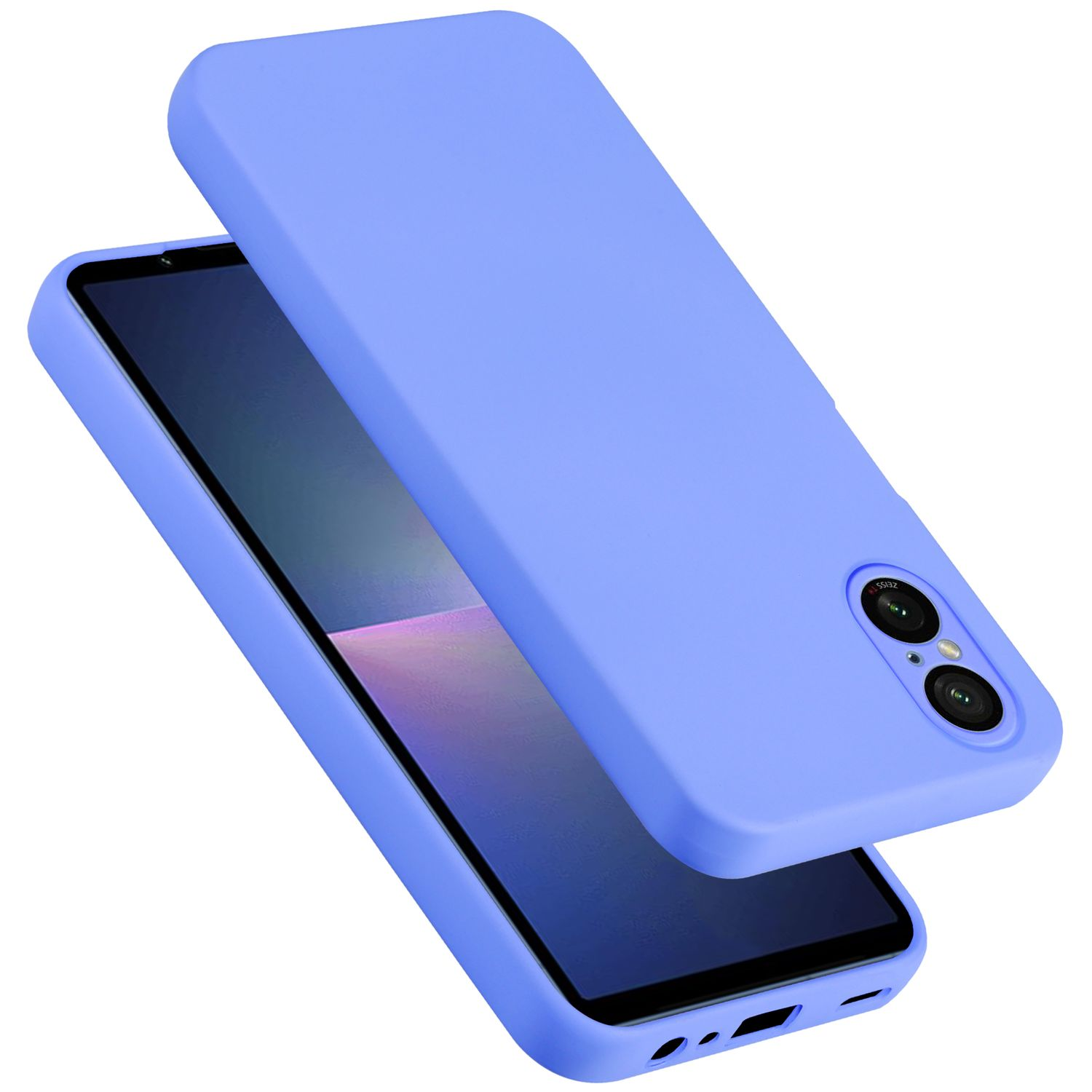 Una custodia blu per telefono con un telefono all'interno. Due fori per la fotocamera sono visibili.