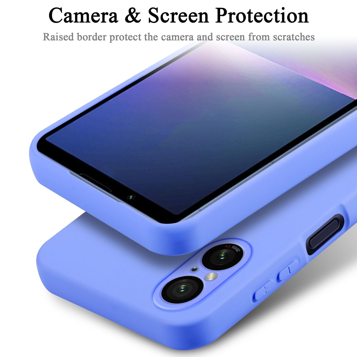 Primo piano di due custodie blu per telefono. La custodia superiore copre lo schermo del telefono.