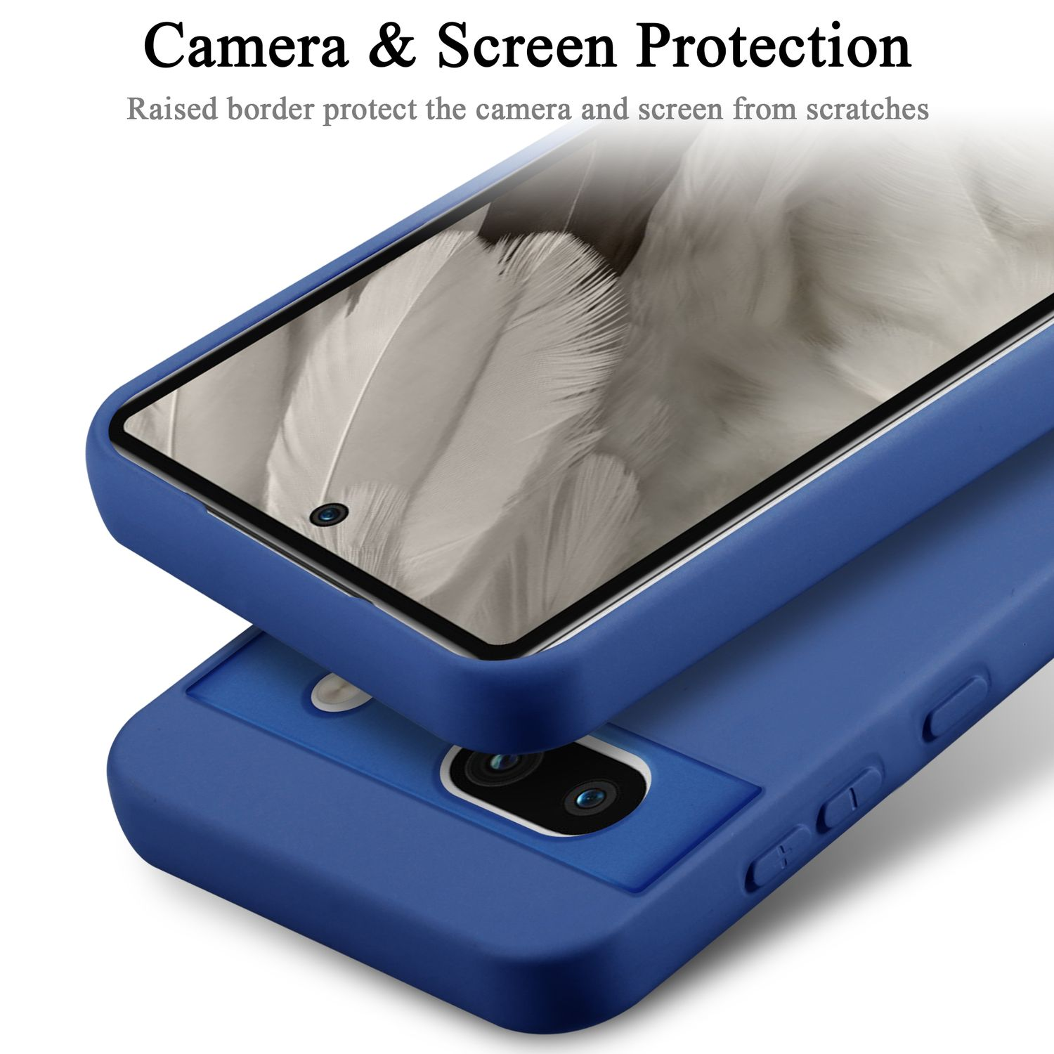 Primo piano di una custodia blu per telefono, parte superiore staccata che mostra lo schermo del telefono. Testo: Protezione fotocamera e schermo.