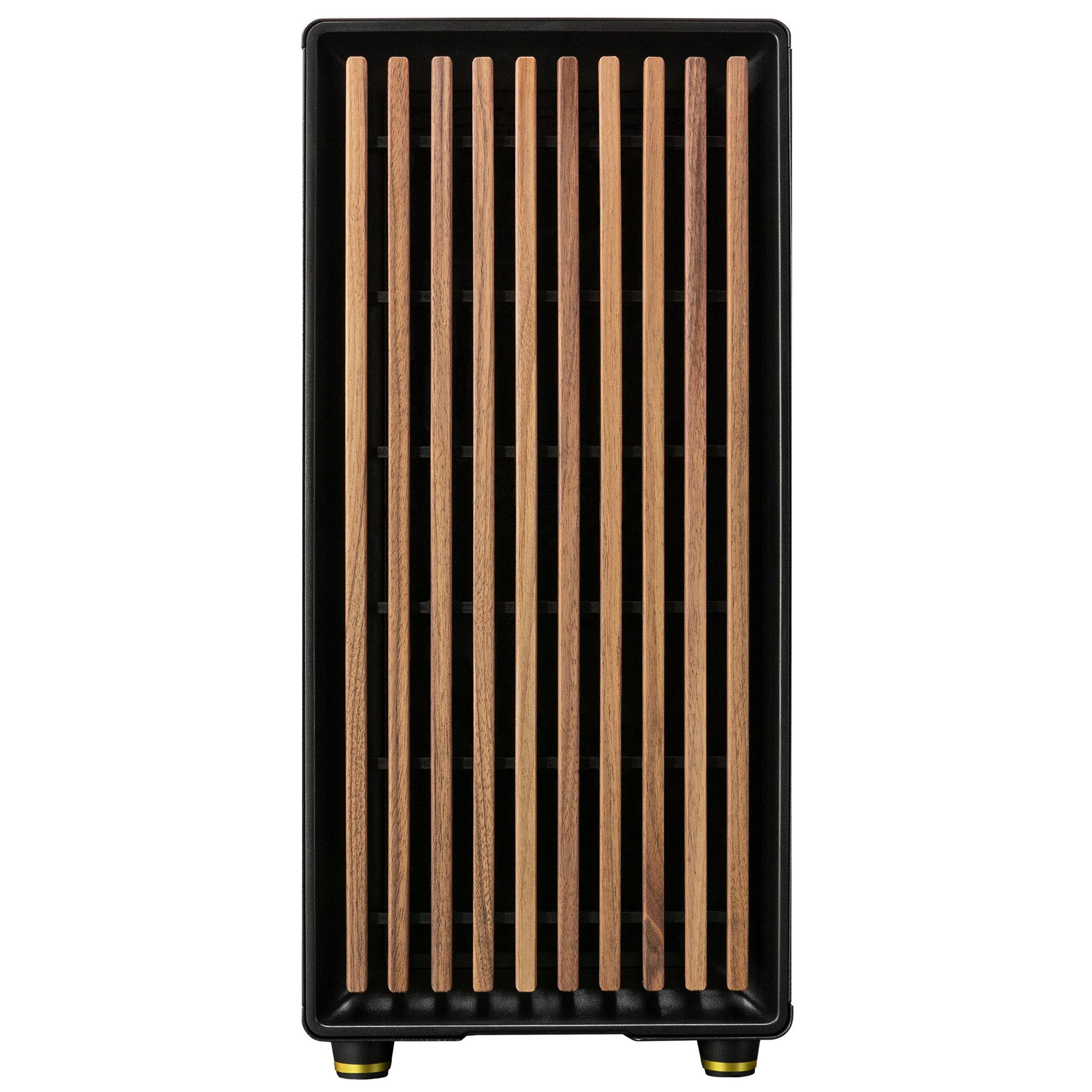 Carcasa de ordenador negra con listones de madera en el panel frontal.