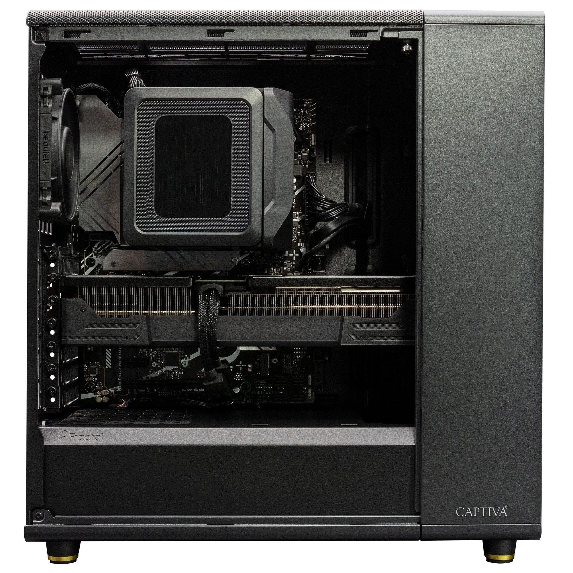 Interior de la caja del ordenador. Componentes negros incluyen refrigerador de CPU, tarjeta gráfica y placa base.