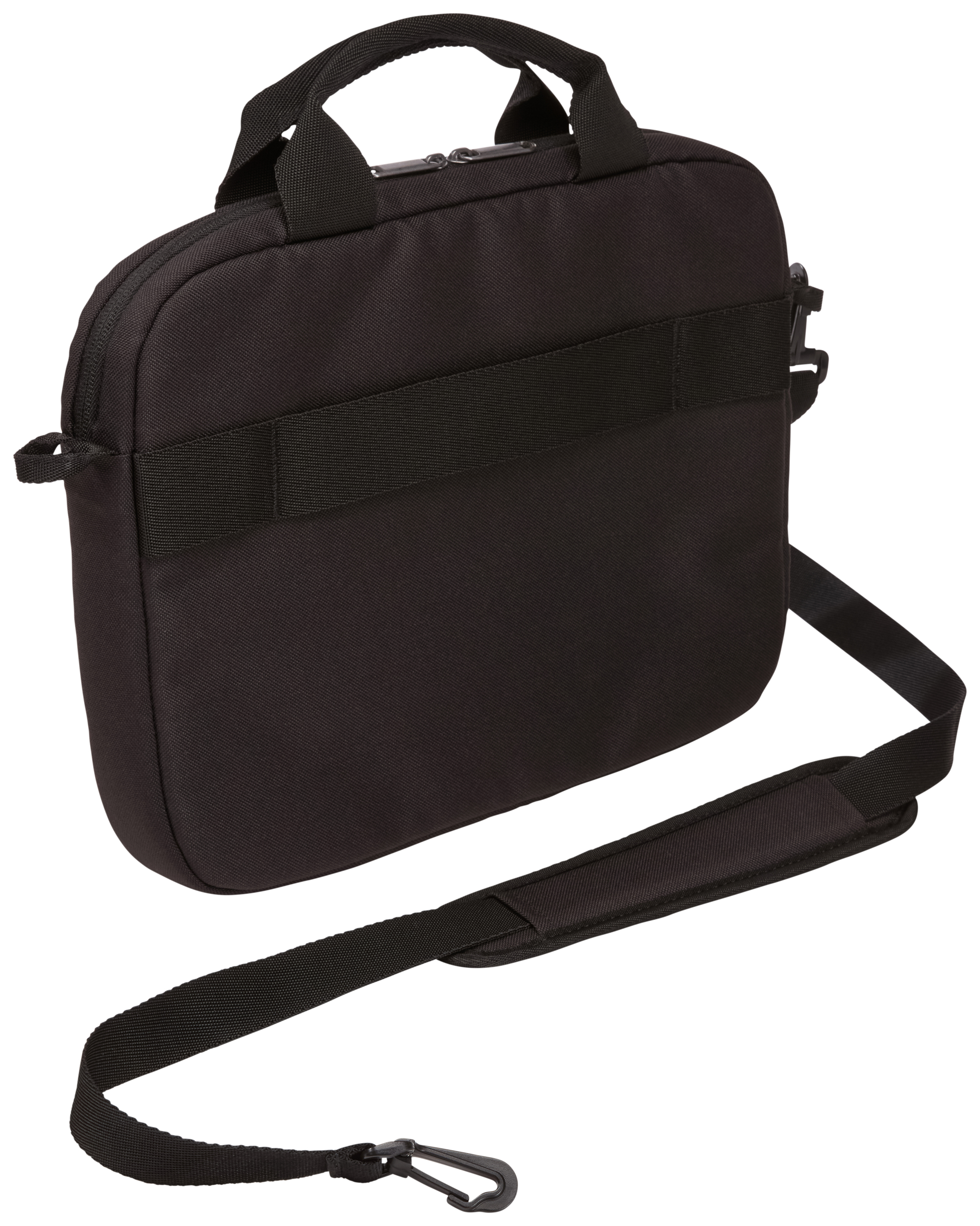 Zwarte laptoptas met handvat en schouderriem.