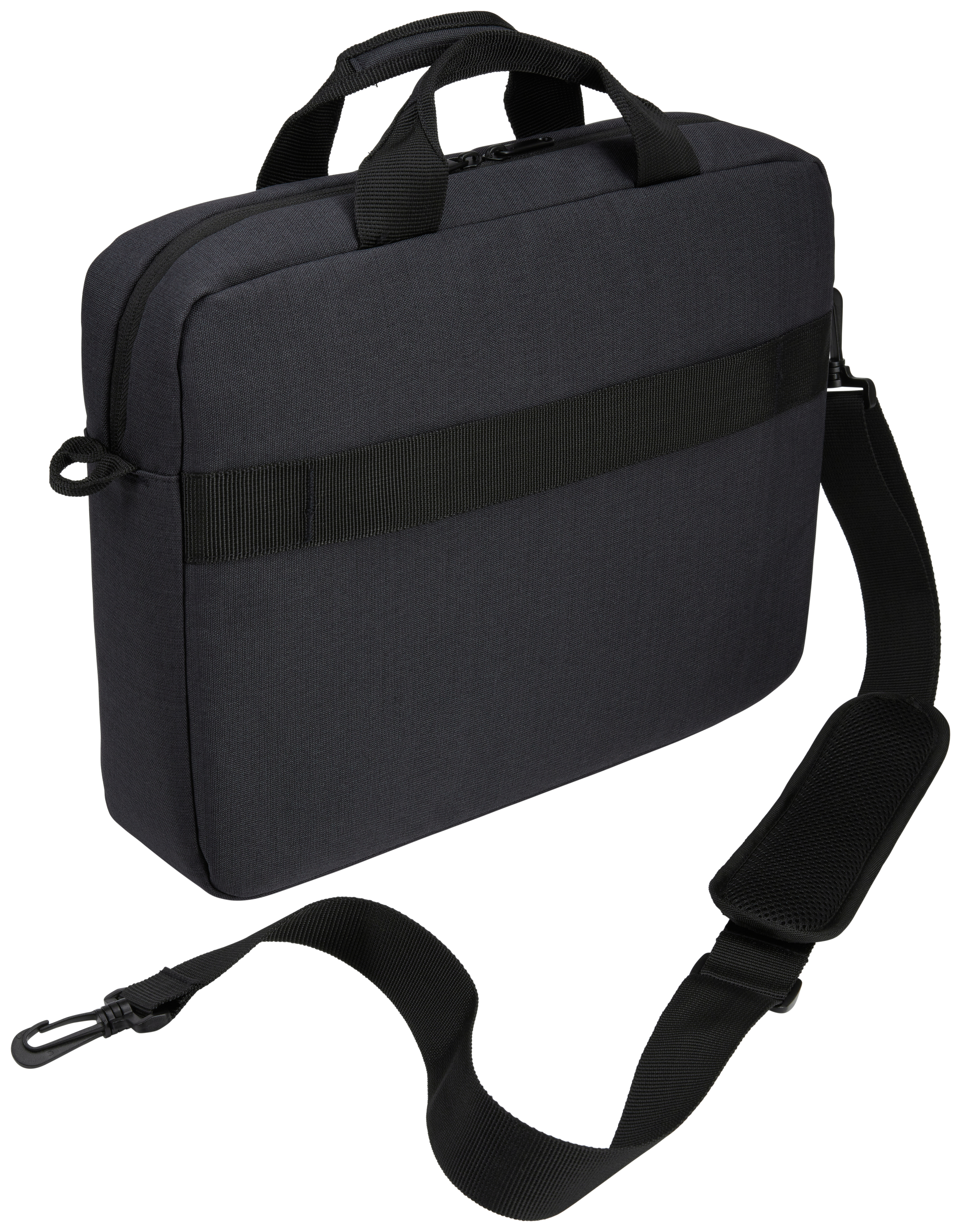 A black laptop bag with a handle, shoulder strap and a front strap.