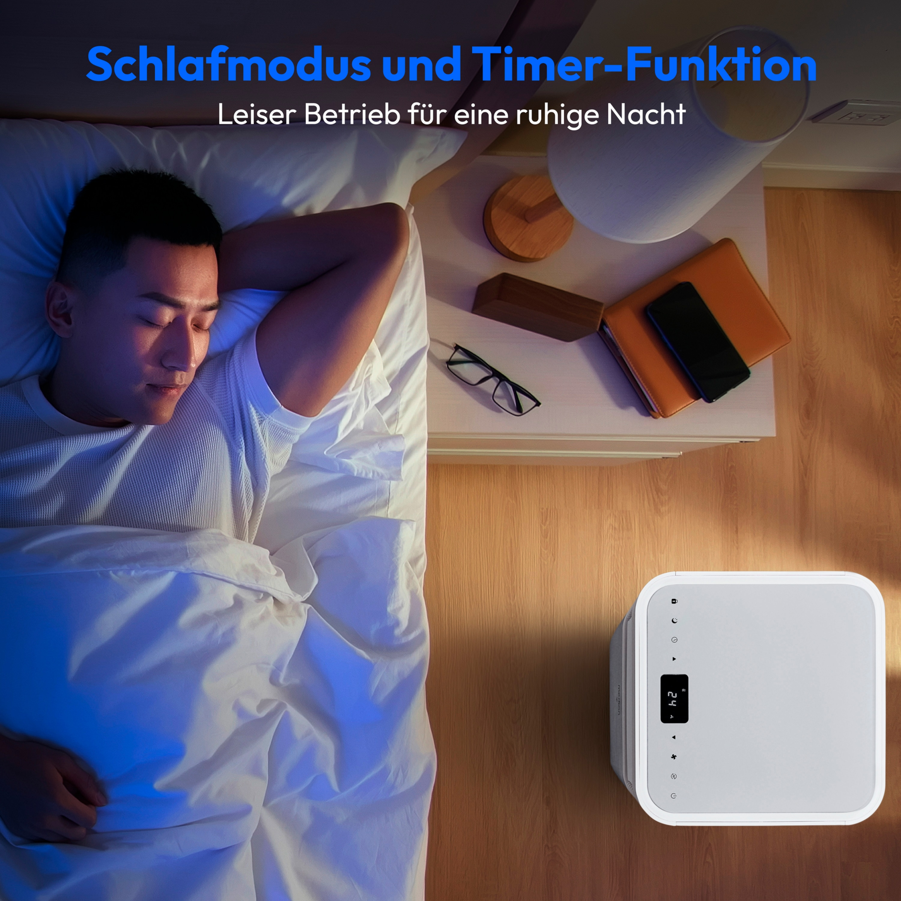 Hombre durmiendo en la cama junto a un purificador de aire blanco. Modo nocturno y función de temporizador.