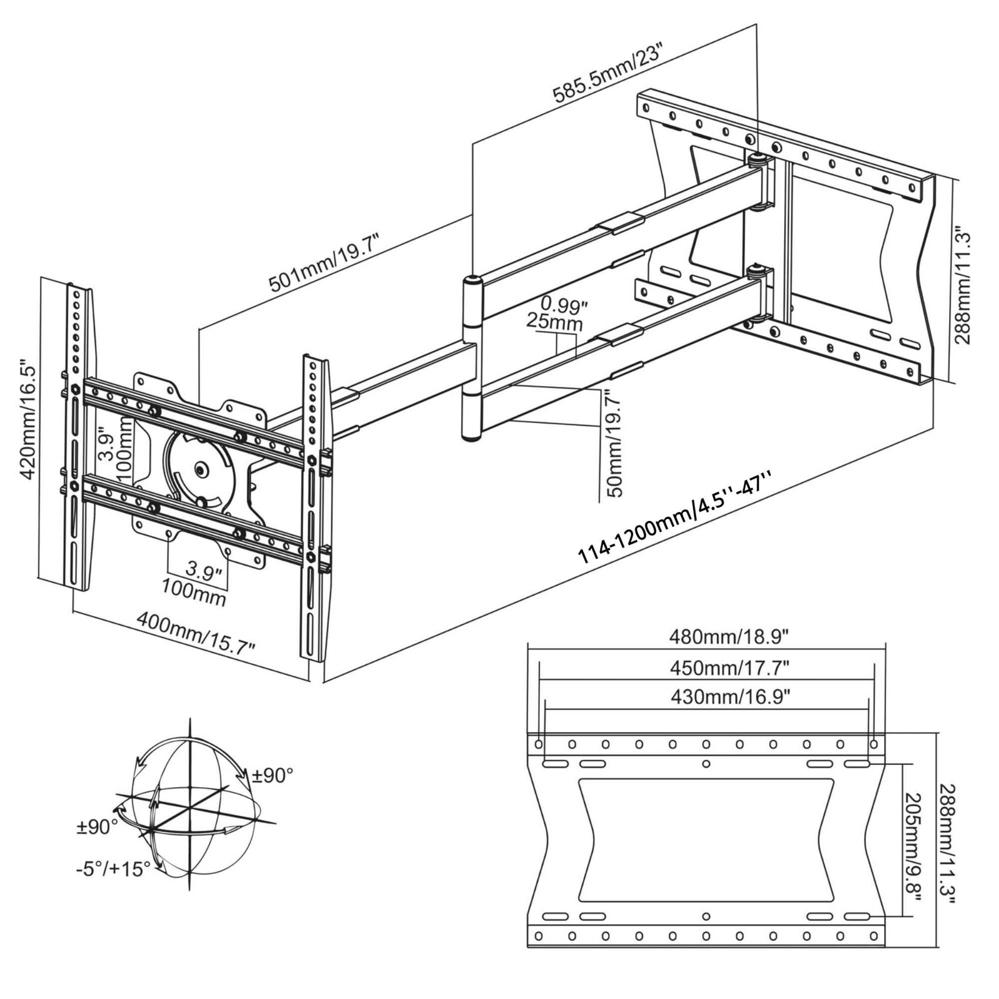 Rysunek techniczny uchwytu ściennego do telewizora z wymiarami w mm i calach.