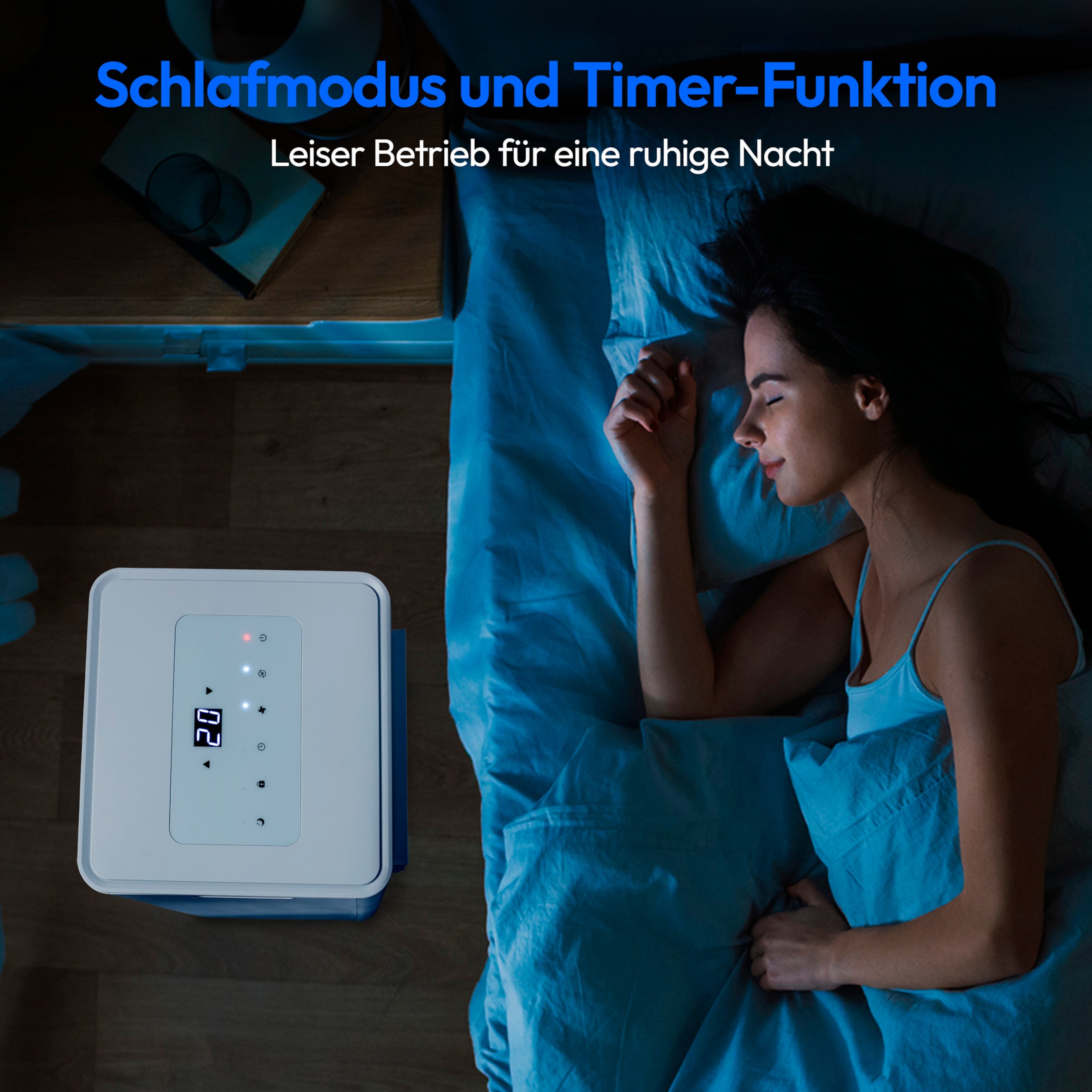 A woman sleeps next to a white air conditioner with a control panel showing a temperature.