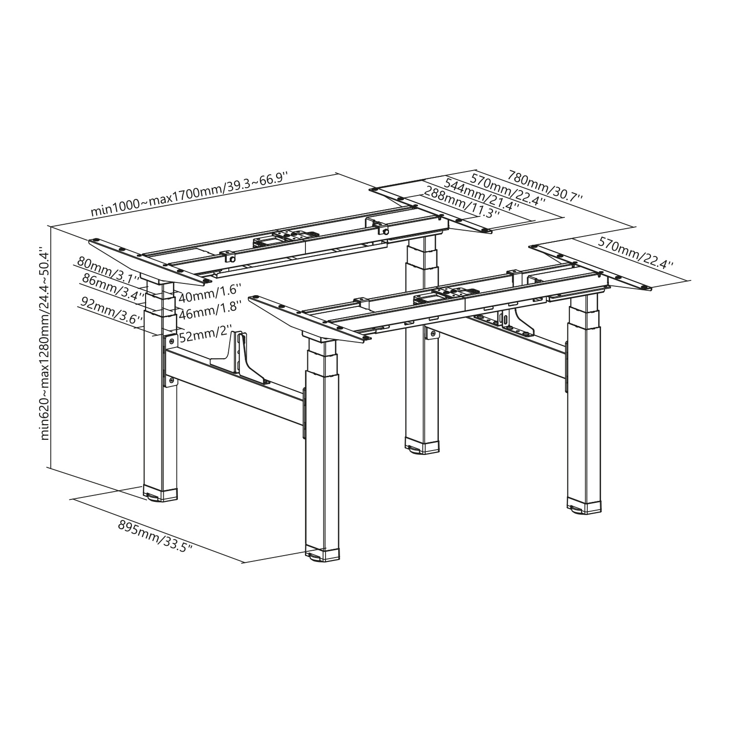 Dibujo técnico de un escritorio ajustable, mostrando dimensiones y componentes.