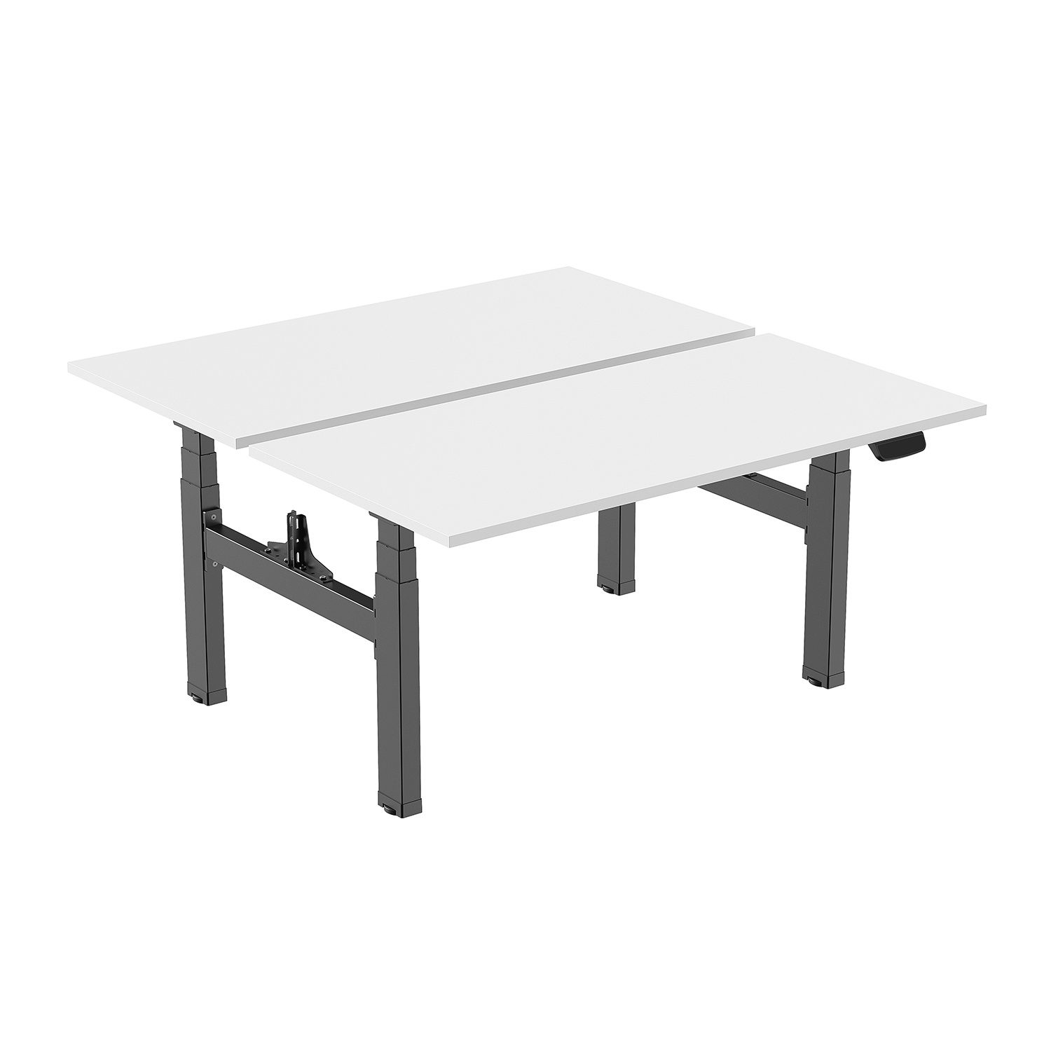 Dos escritorios rectangulares blancos uno al lado del otro, con patas de metal gris oscuro. Fondo blanco.