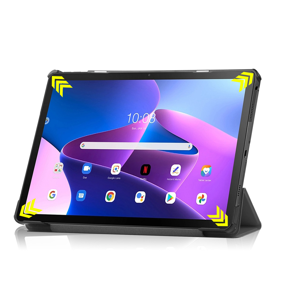 A tablet in a black case with a colorful display. Yellow corner markers are visible.