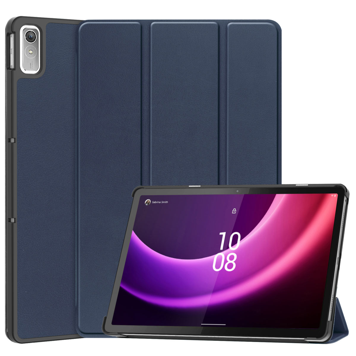 A tablet with a dark blue case, displaying a screen with the time and a lock icon.