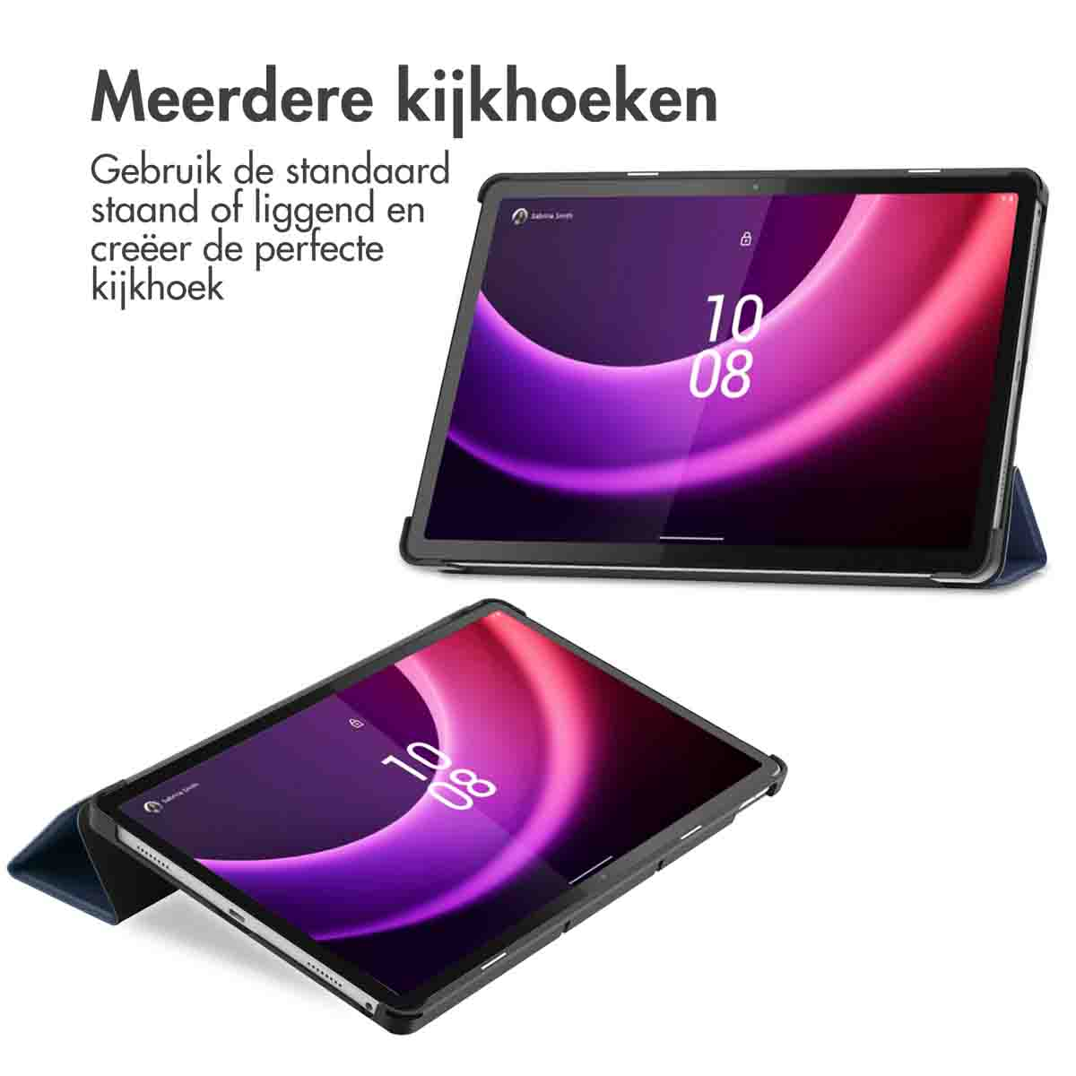 Two tablets in cases, one displaying a screen with the time and a lock icon, one angled.