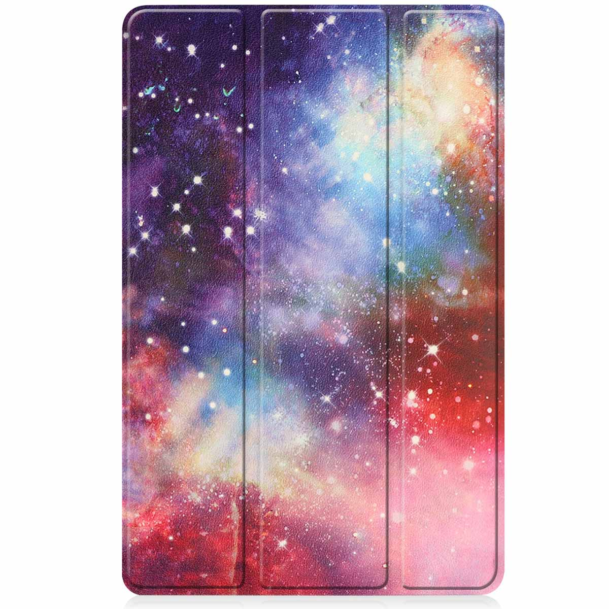 A tablet case with a galaxy design in shades of purple, blue, and red. White background.