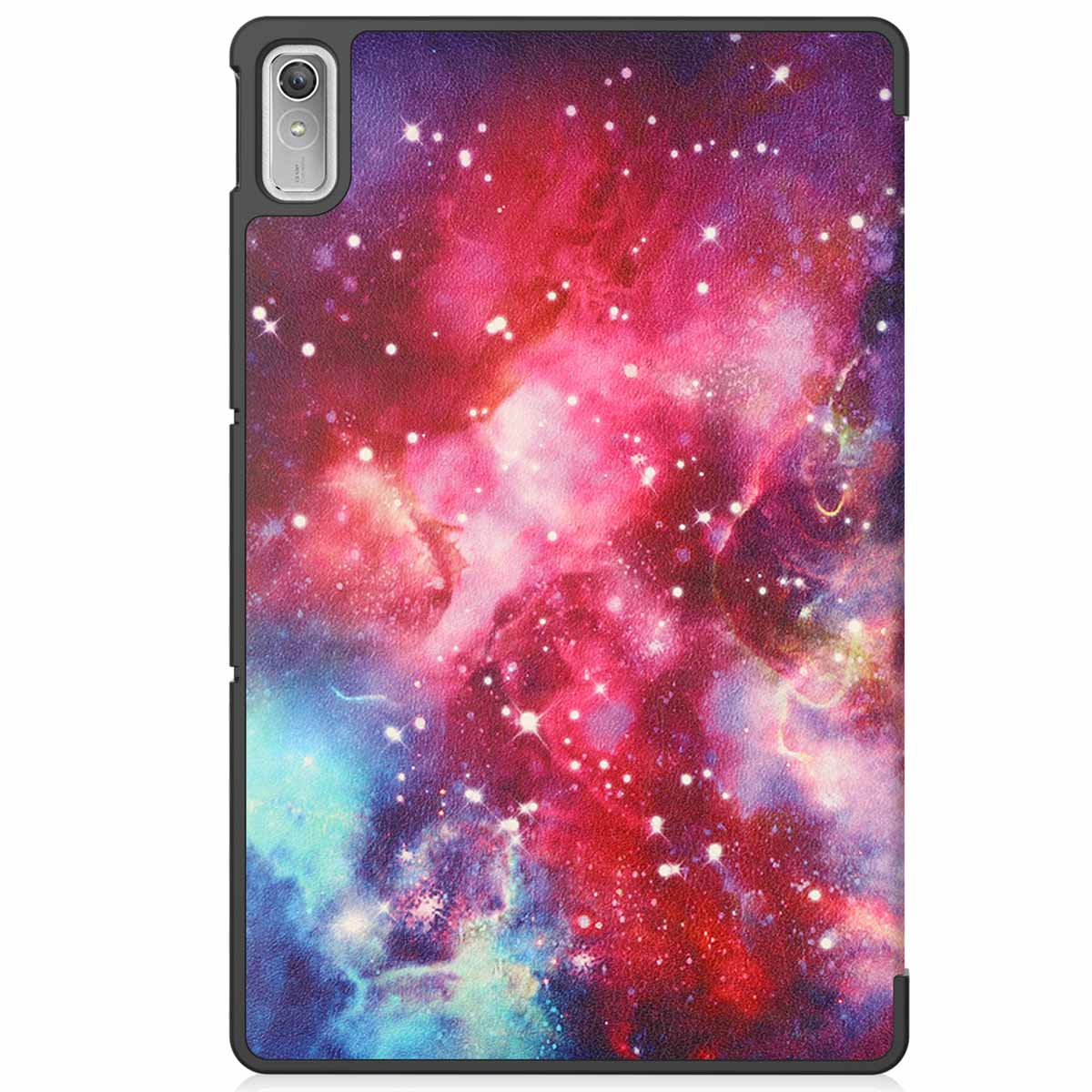 Tablet case with a galaxy design in red, purple, and pink. The case is black. White background.