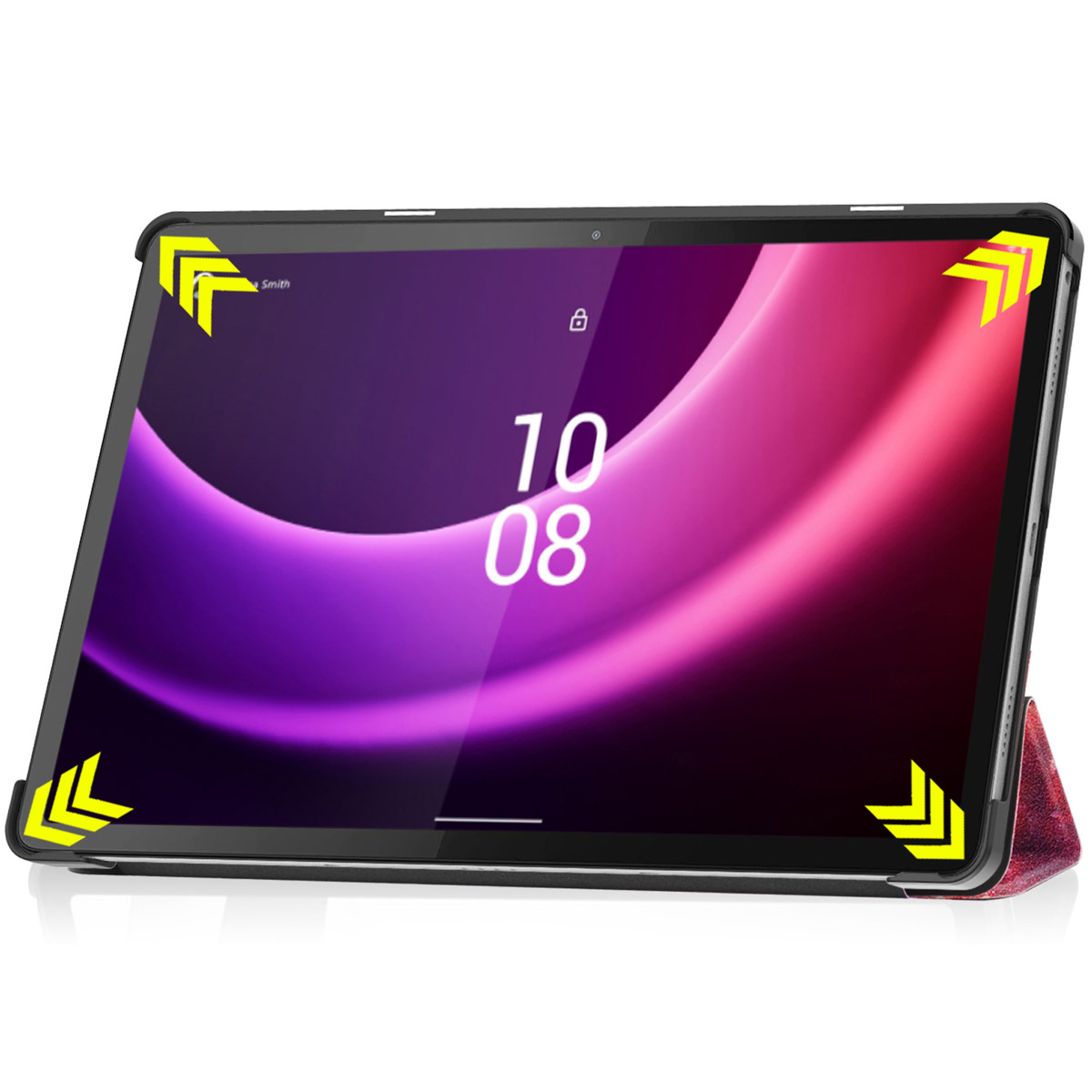 Tablet case with a pink and purple design. The display shows the time and a lock symbol. White background.