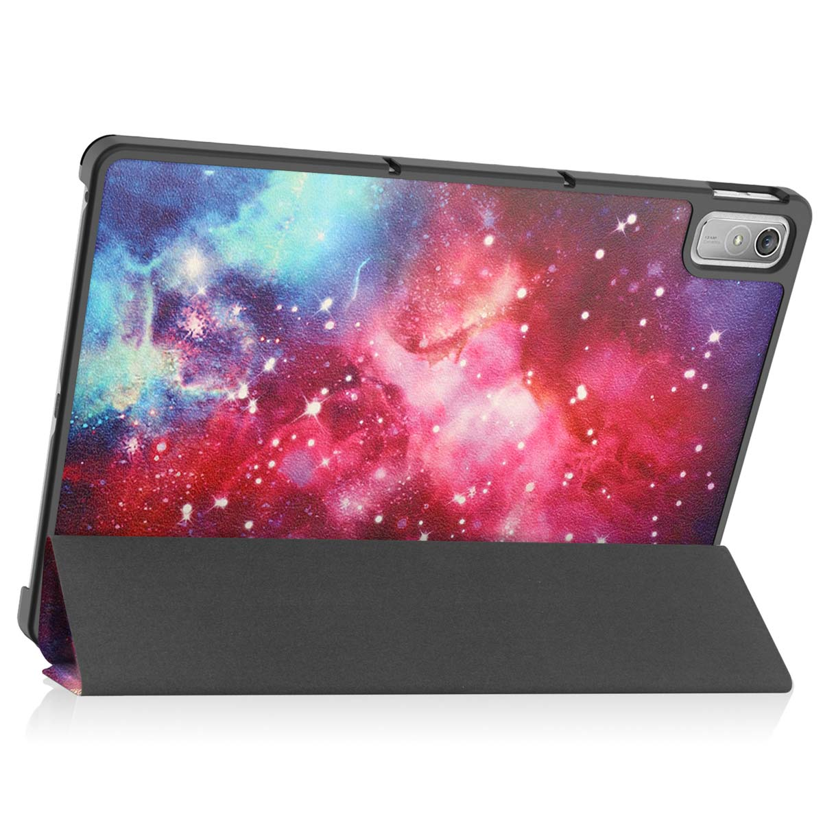 Tablet case with galaxy design in red, purple, and blue. The case has a stand. White background.