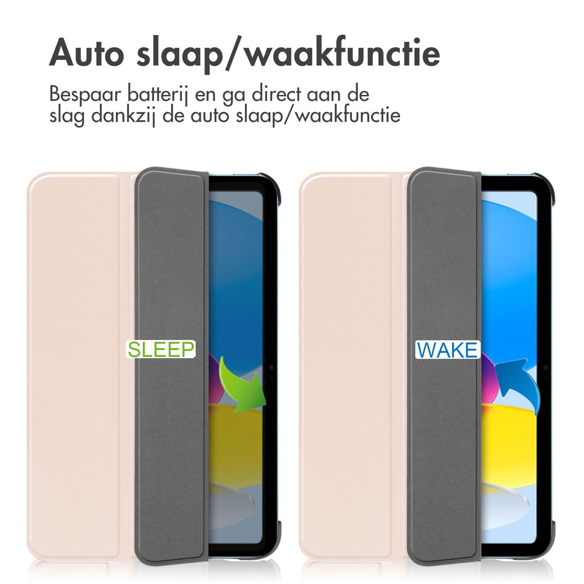 Tablethoes, slaap/wake-functie. Toont open en gesloten posities.